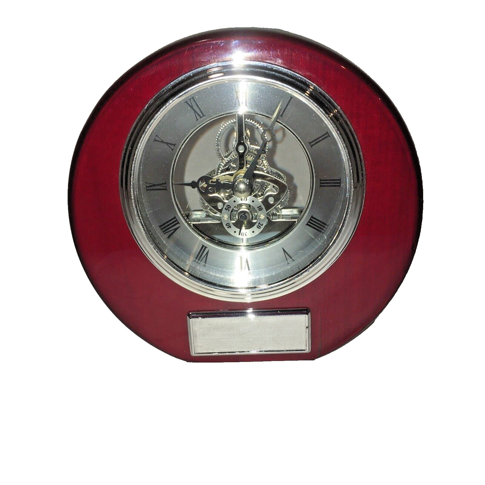 Executive Engraved Silver Gear Da Vinci Marquee Style Dark Cherry Desk Clock