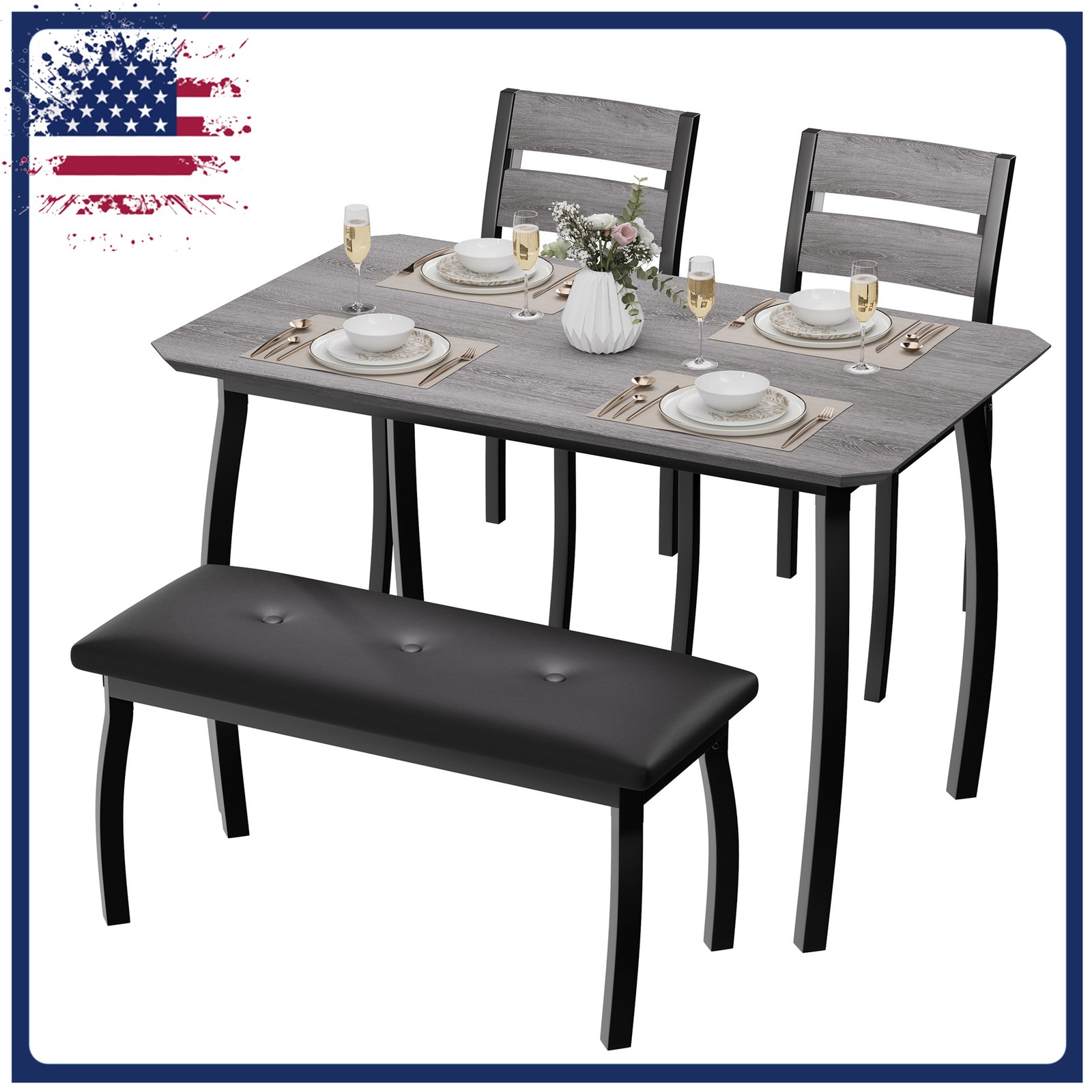 Kitchen Table And Chairs Set For 4, Grey Dining Table With Bench And 2 Chairs