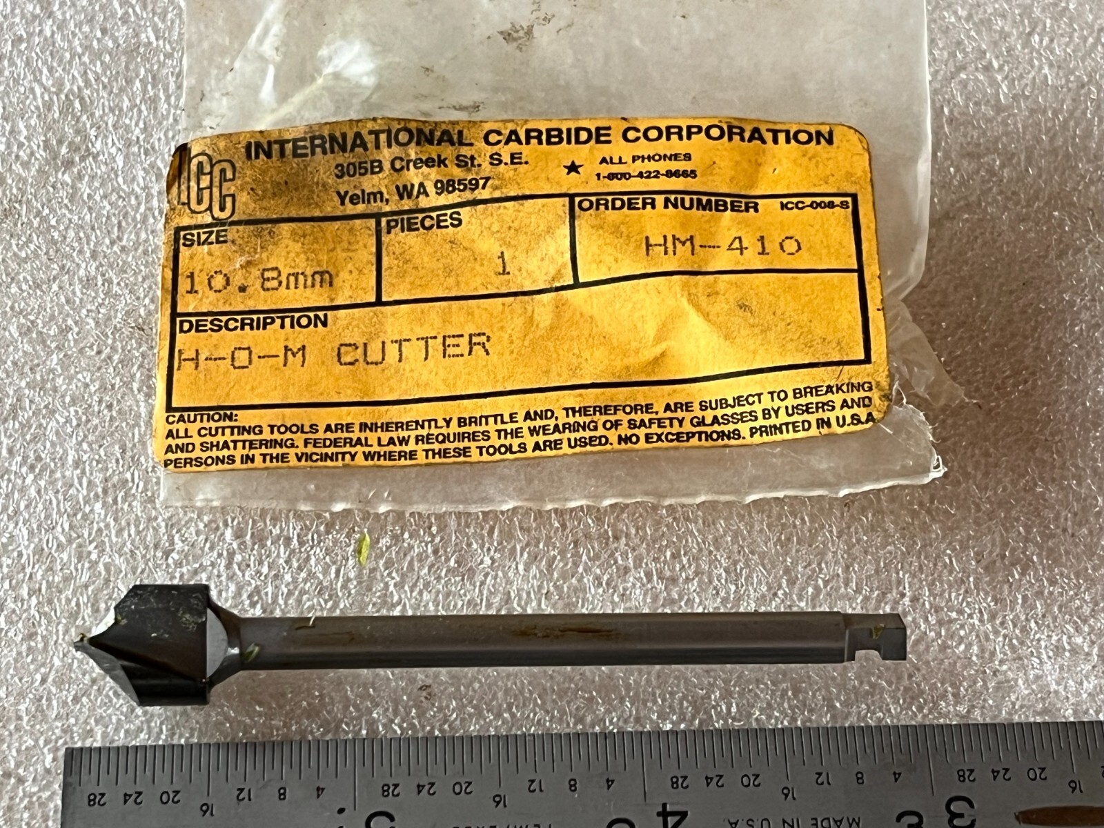 10.8mm x 3/16" Shank Single FLute Solid Carbide 82° Countersink H-O-M Cutter New