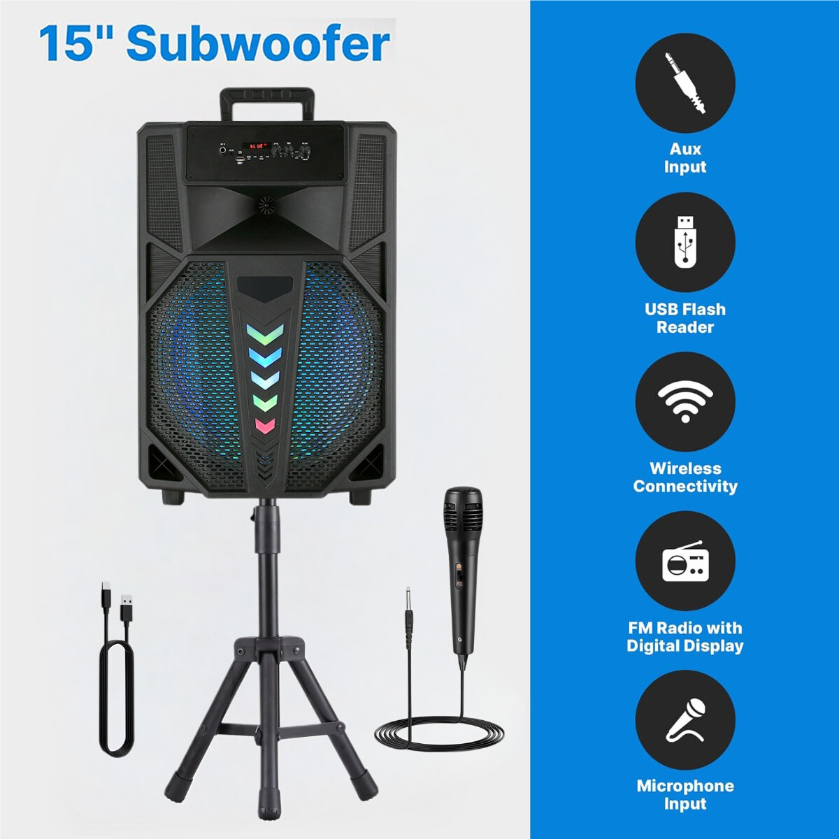 15 INCH Portable Party Bluetooth Speaker with Mic&Stand USB/TF/AUX/FM Radio/TWS