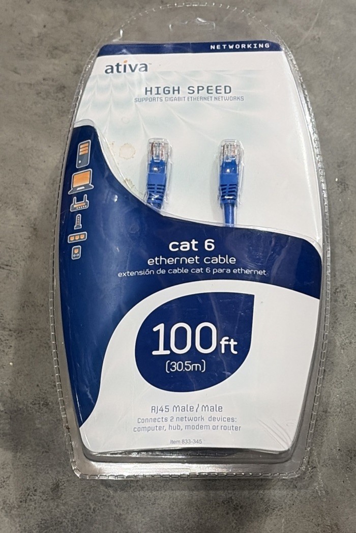 Sealed Ativa Cat 6 Network Cable, 100'ft {30.5} Blue - Ethernet Cable