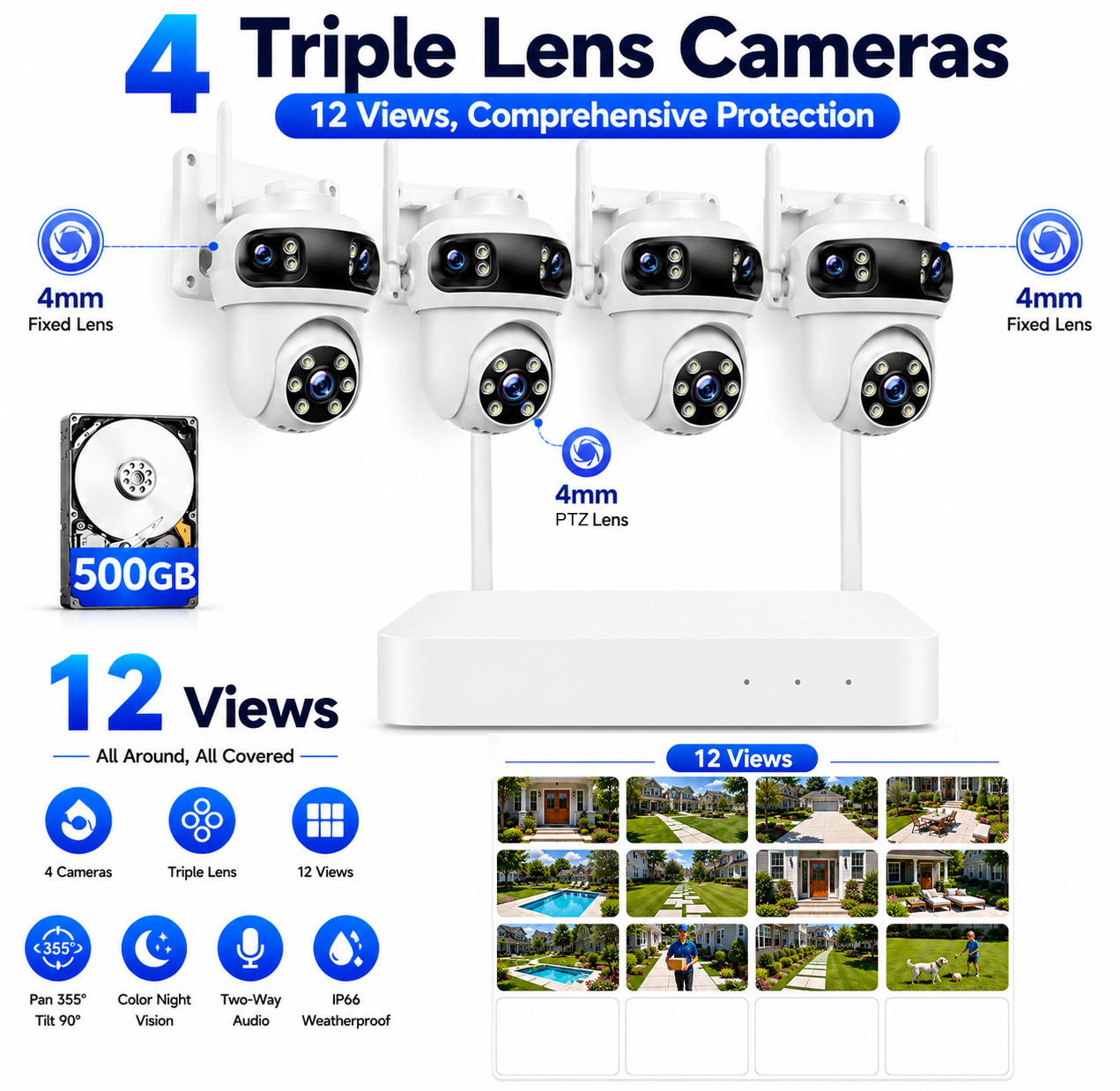 4PCS Security Camera System Wireless Triple Lens Outdoor WiFi Cam Auto Tracking