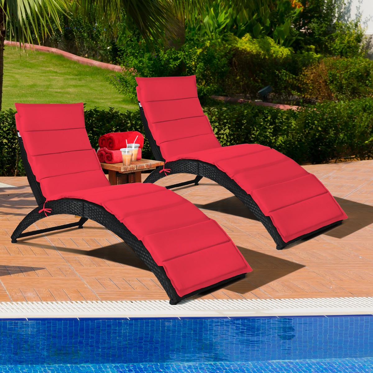 2PCS Folding Patio Rattan Lounge Chair Chaise Cushioned Portable Garden Lawn Red