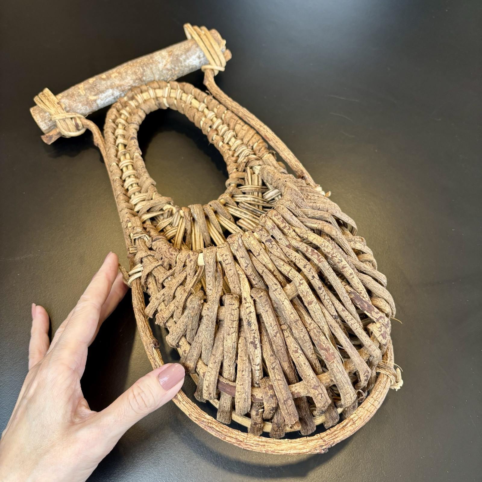 Vintage Hand Woven Twig Raffia Vine Wall Pocket Basket Handmade Primitive Rustic