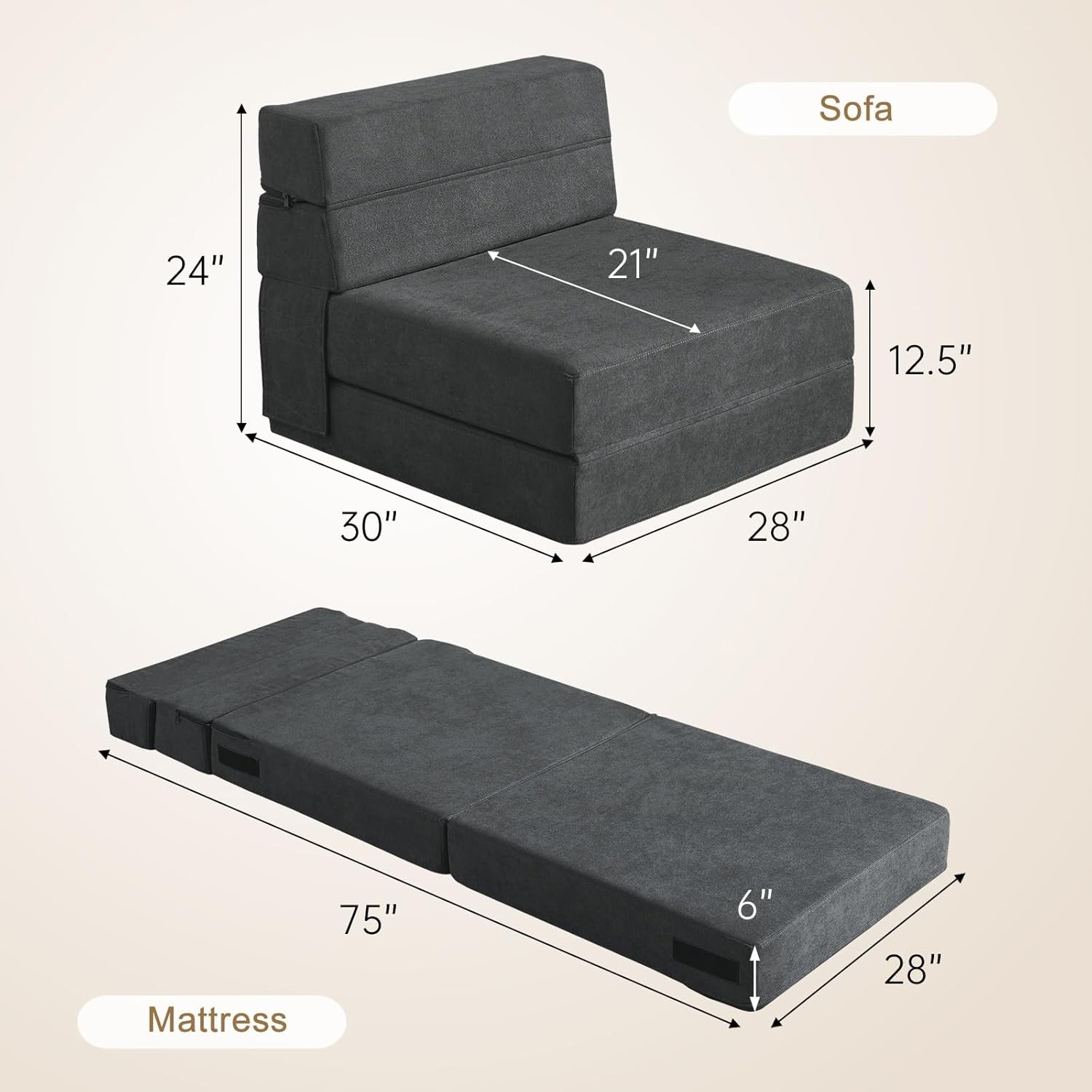 Folding Sofa Bed Single Size W/ Pillow Memory Foam Convertible Sleeper Chair