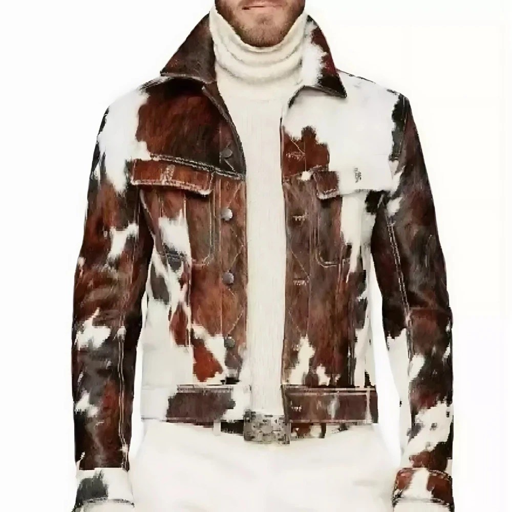 Men's Cowhide Hair-On Trucker Jackets Western Rodeo Style Genuine Fur Jacket