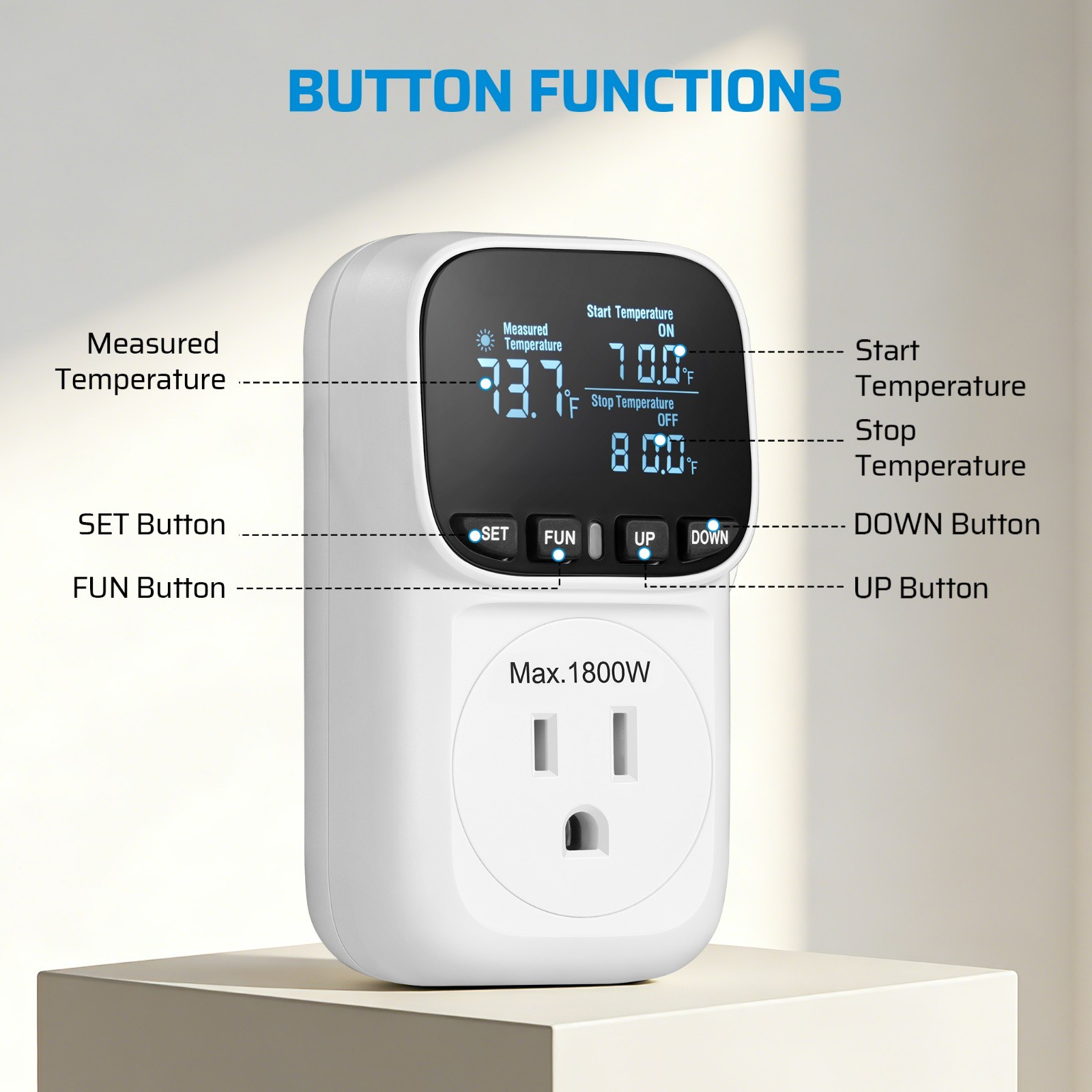 Digital Thermostat Outlet Plug 15A Heating Cooling VA Display Timer Greenhouse