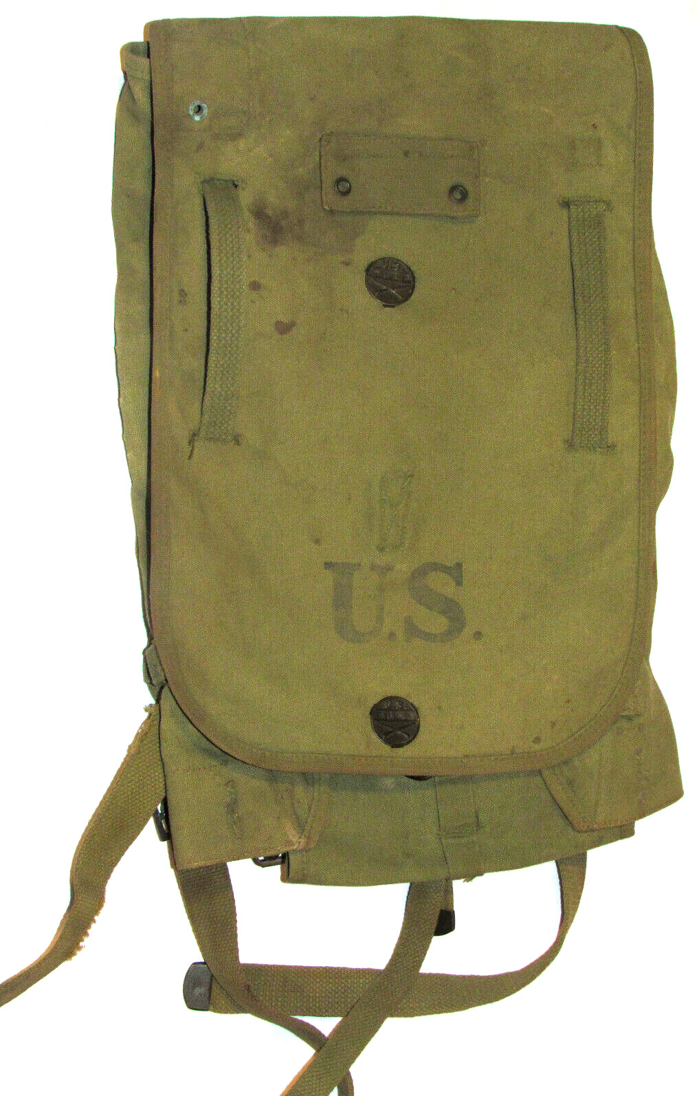 ORIGINAL WWII US ARMY CANVAS HAVERSACK! 2 'HQ' METAL EQUIPMENT TAGS! BACKPACK!