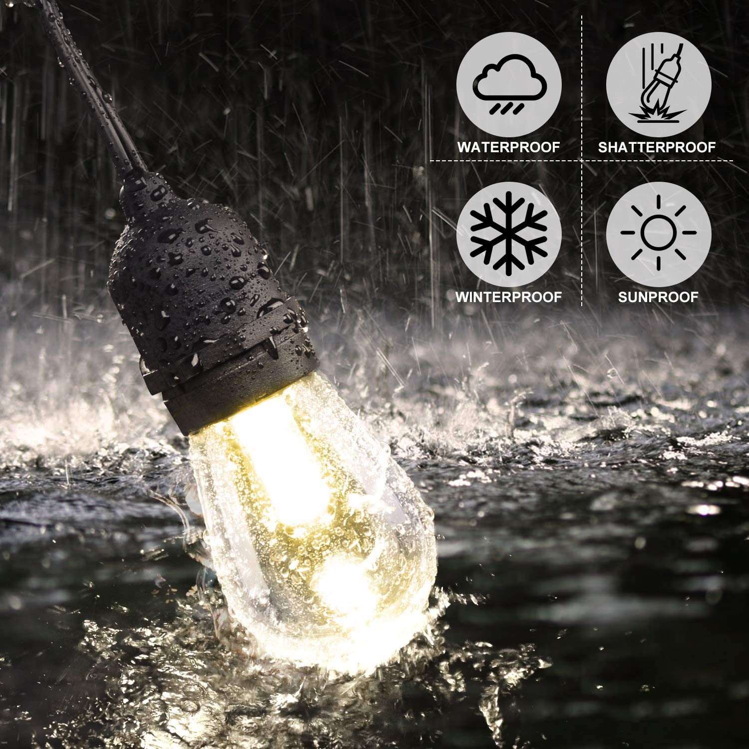 3 Color Outdoor LED Dimmable String Lights for Patio with Remote, Plug in 48FT
