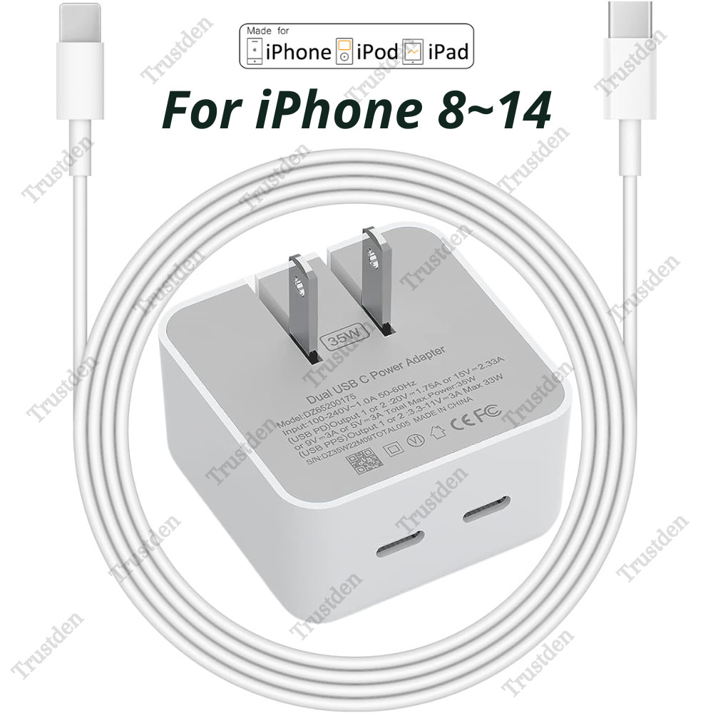35W USB-C to USB C Fast Charger Cable Dual Port Block For iPhone 14 13 12 11 X 8