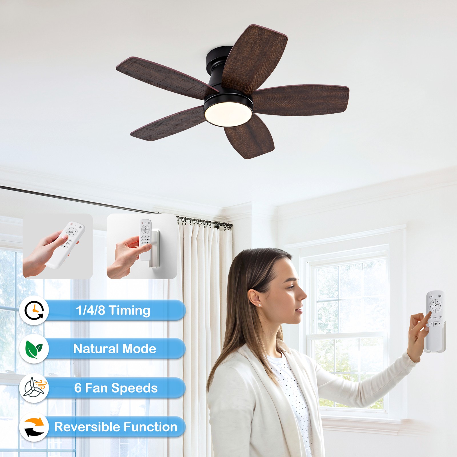 32" Low Profile Ceiling Fan with Light & Remote, Modern Ceiling Fan for Bedroom