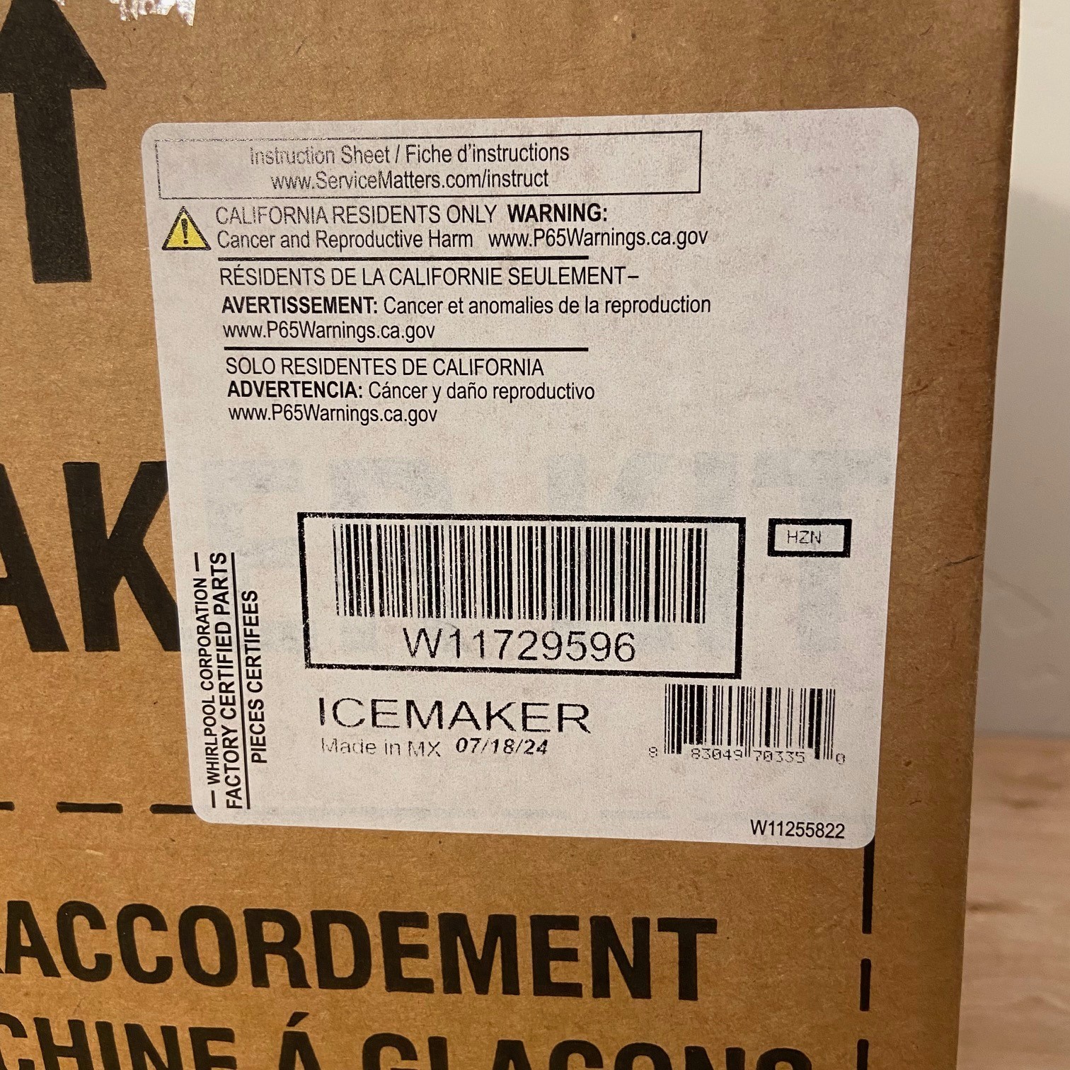 NIB-Whirlpool Refrigerator Ice Maker Kit-W11729596 *5 Pin Harness Only