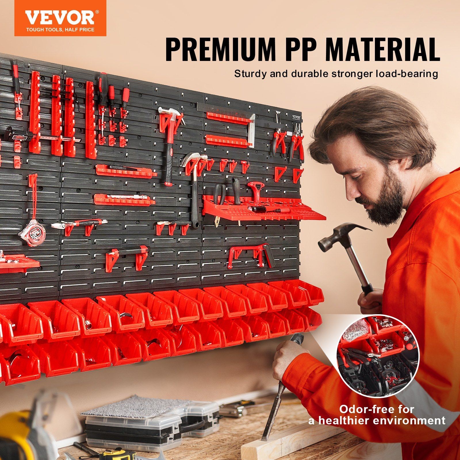 30-Bin Wall-Mounted PP Parts Organizer w/ Panel & Hooks