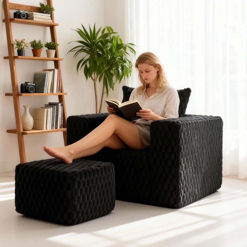 Corduroy Lounge Chair with Ottoman, High Back Sofa, Pillow, No Assembly