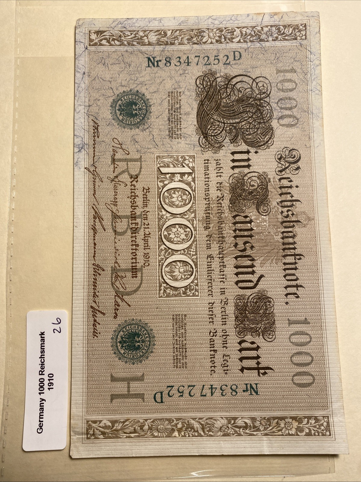 Germany 1910 1000 Marks ( Pictured Is The Note You Will Receive) Free Shipping