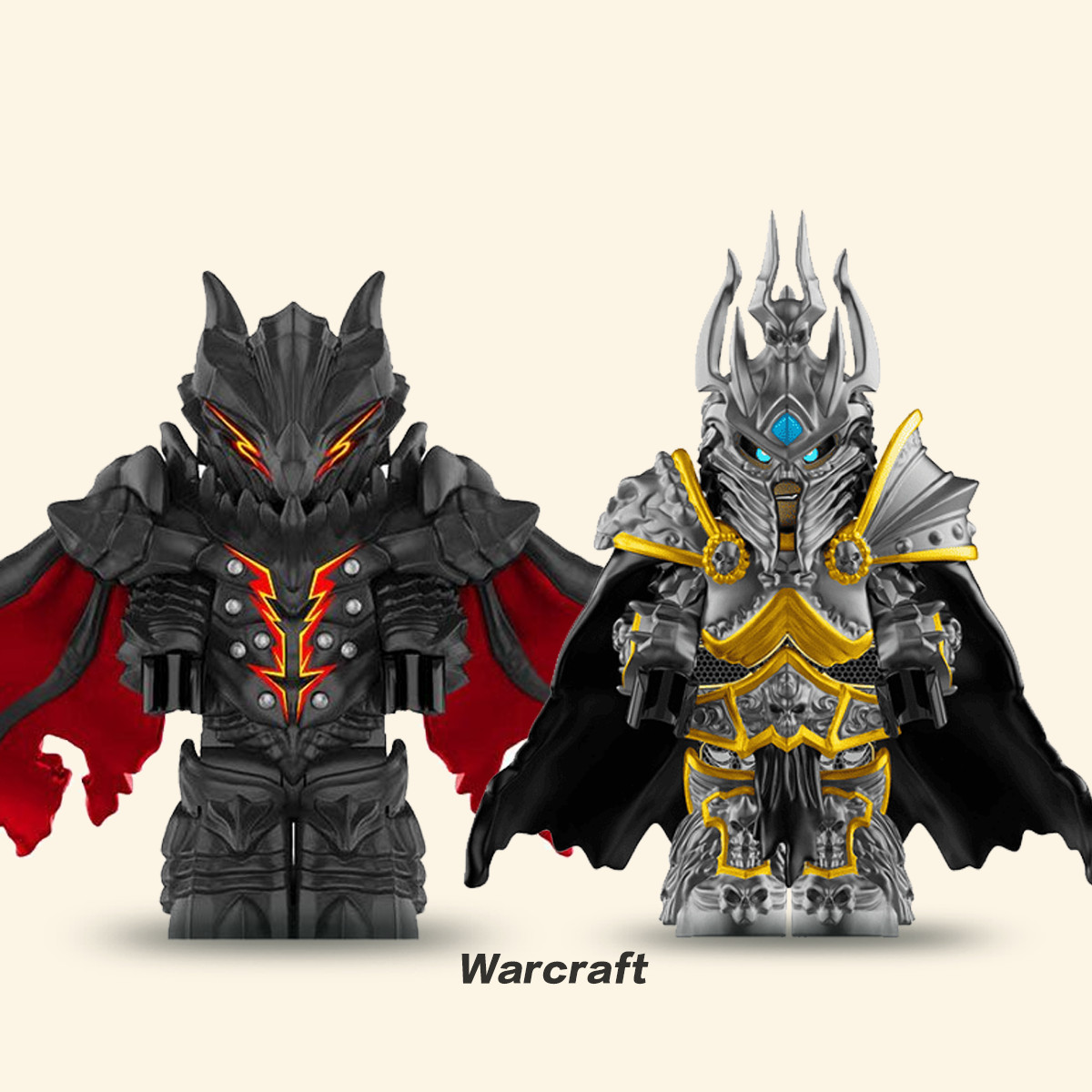 Custom Dark Inferno Knight Lich King Minifigure Black Armor Red Cape Fire Sword