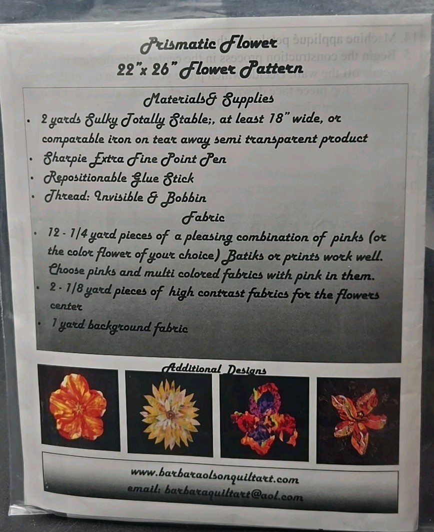 Barbara Olson Designs Flower Quilt Pattern Prismatic (Has Writing On Front)