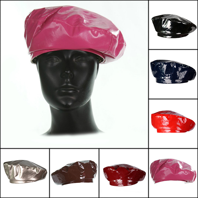 Vintage Women Patent Leather Beanie Beret Military Cap French Flat Hat Faddish