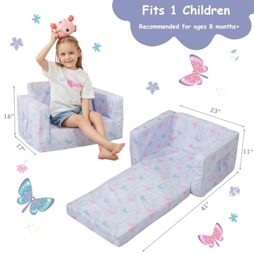 Toddler Chair 2-in-1 Kids Couch Bed Fold Out Convertible Kids Purple Butterfly