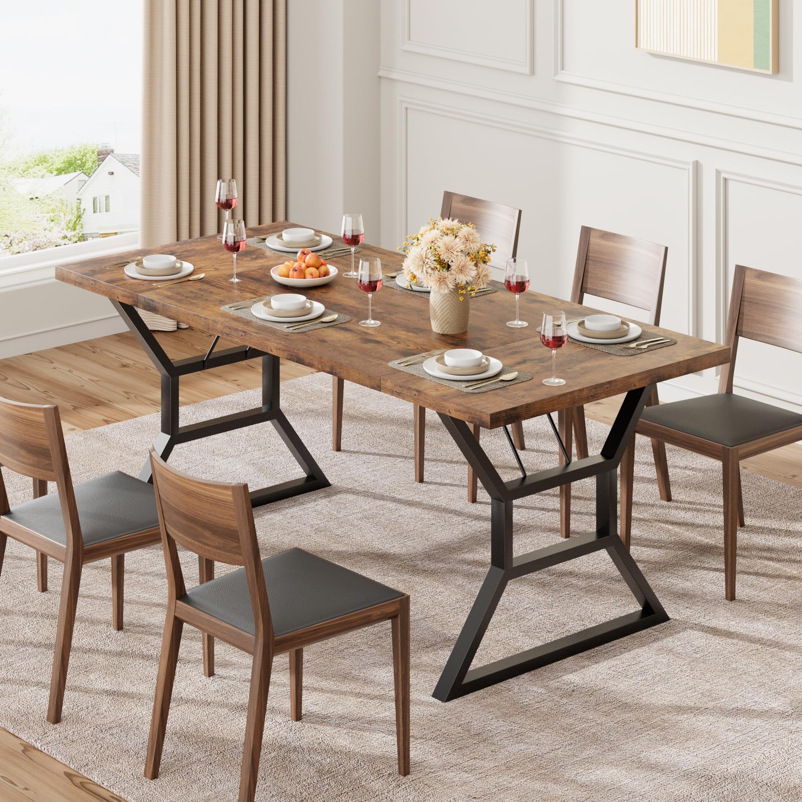 Farmhouse 70.9" Rectangular Kitchen Dining Room Table for 6 With Metal Legs