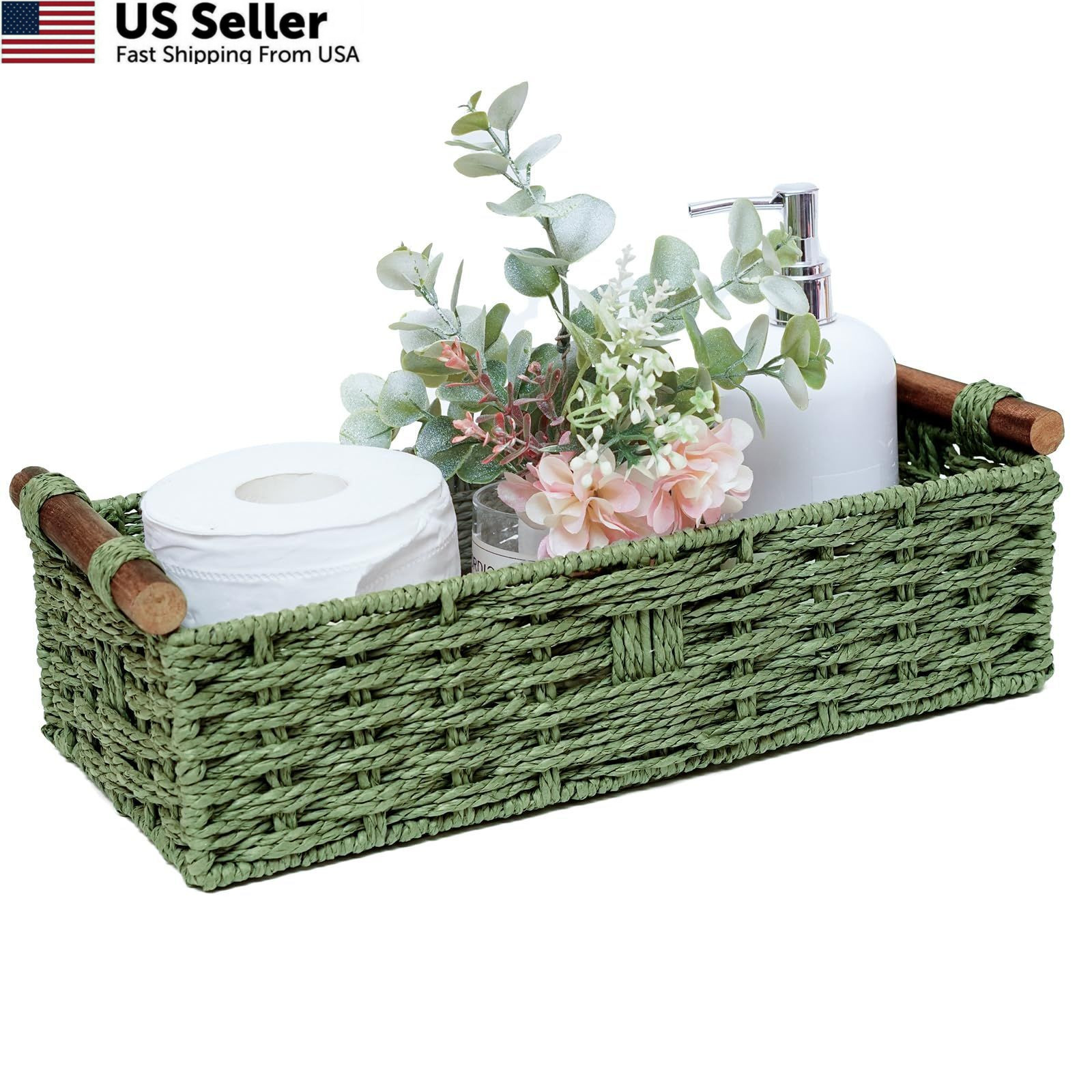 Round Paper Rope Storage Basket Wicker 14.5 x 6.6 x 3.74 inches, green