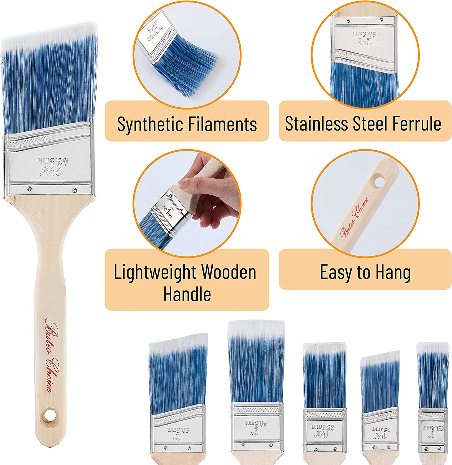 Bates Angle Paint Brushes, 6 Pack - Assorted Sizes, Treated Wood Handle, for Wal