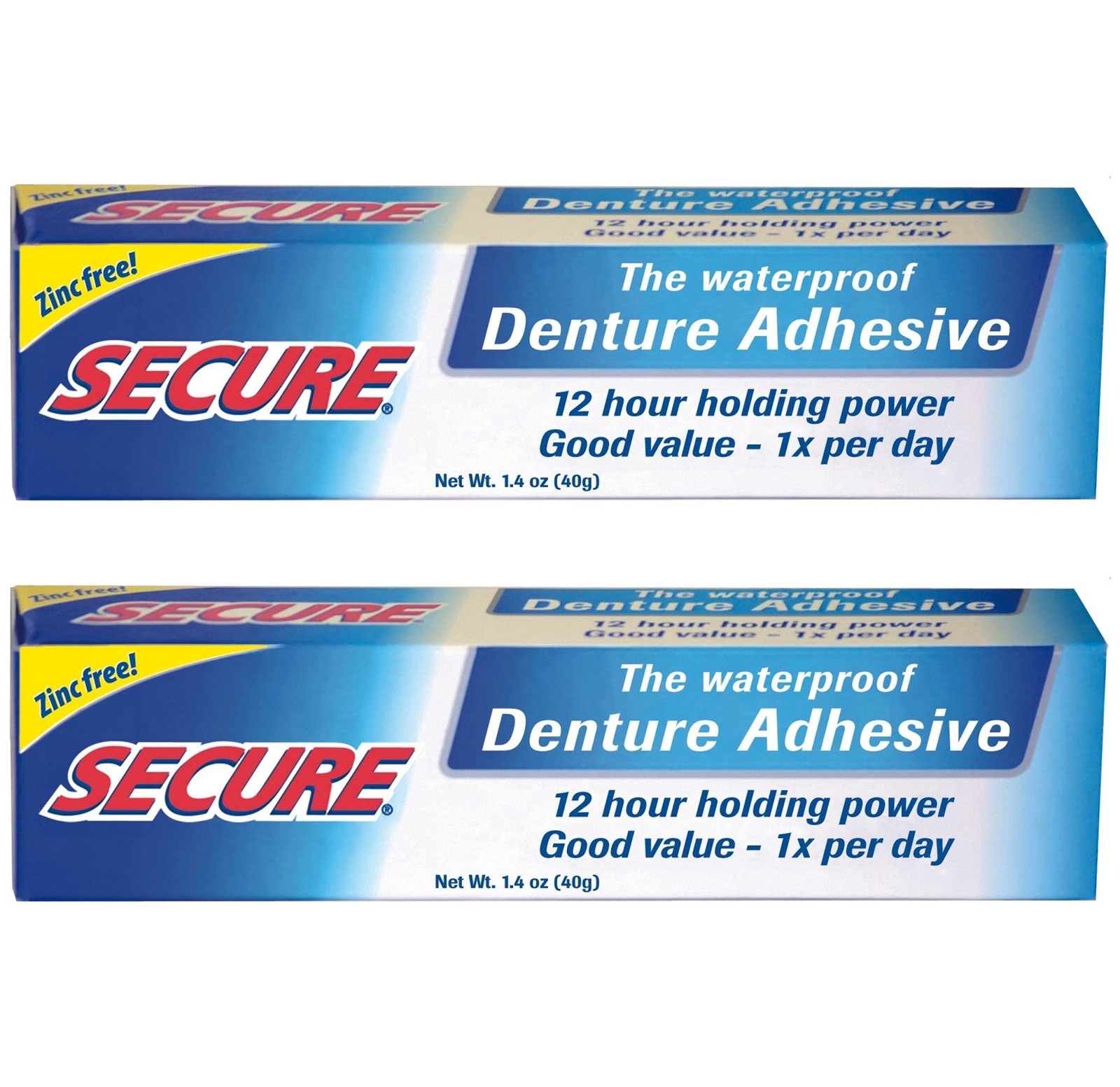 Secure Waterproof Denture Adhesive - Zinc Free - 1.4 Ounce (Pack of 2), White