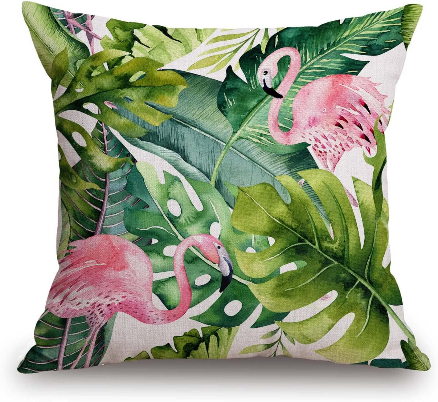 Watercolor Flamingo Tropical Green Pink Pillow Cover 18X18 Inch Farmhouse Decora