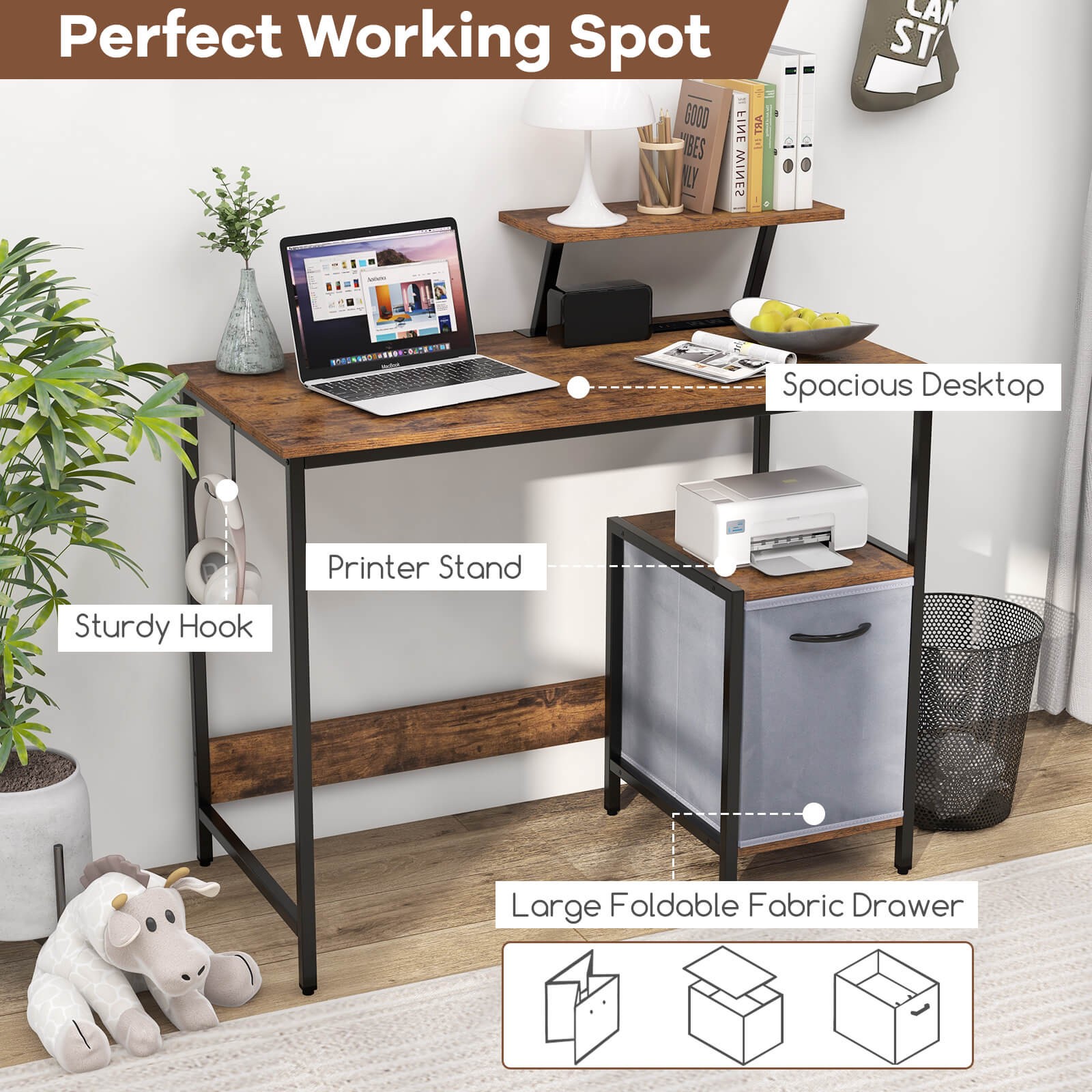 Costway Computer Desk Writing Workstation Home Office w/ Storage Rack & Shelf