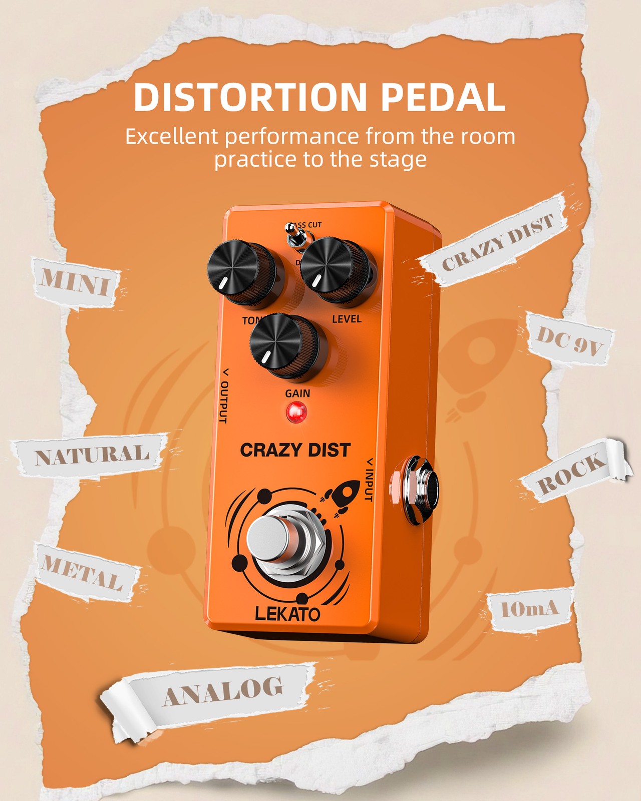 LEKATO DS-02 Mini Distortion Guitar Effect Pedal Bass Cut Dist Mode True Bypass