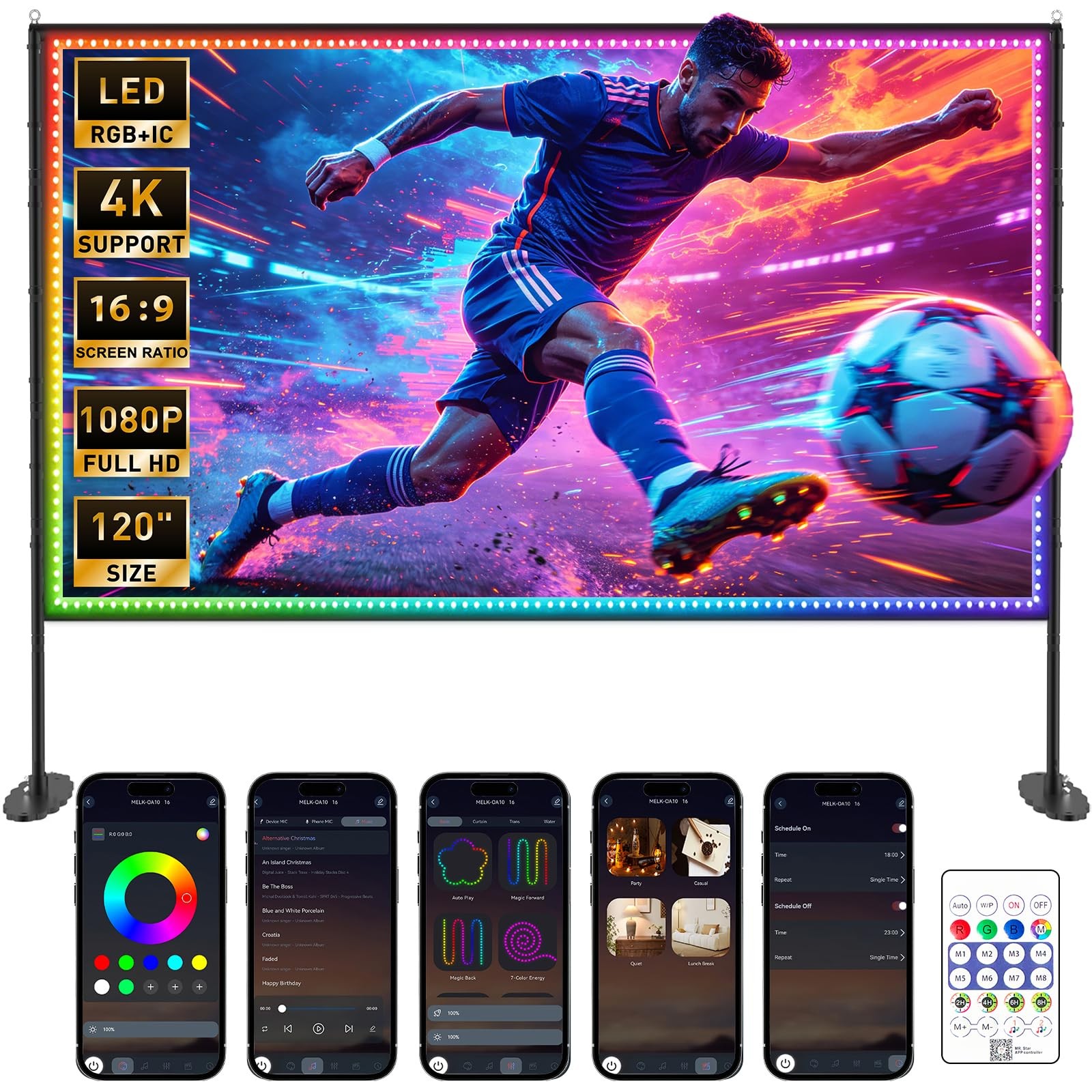 120 inch Outdoor Projection Screen with Stand, Smart RGB+IC String Lights, 4K...