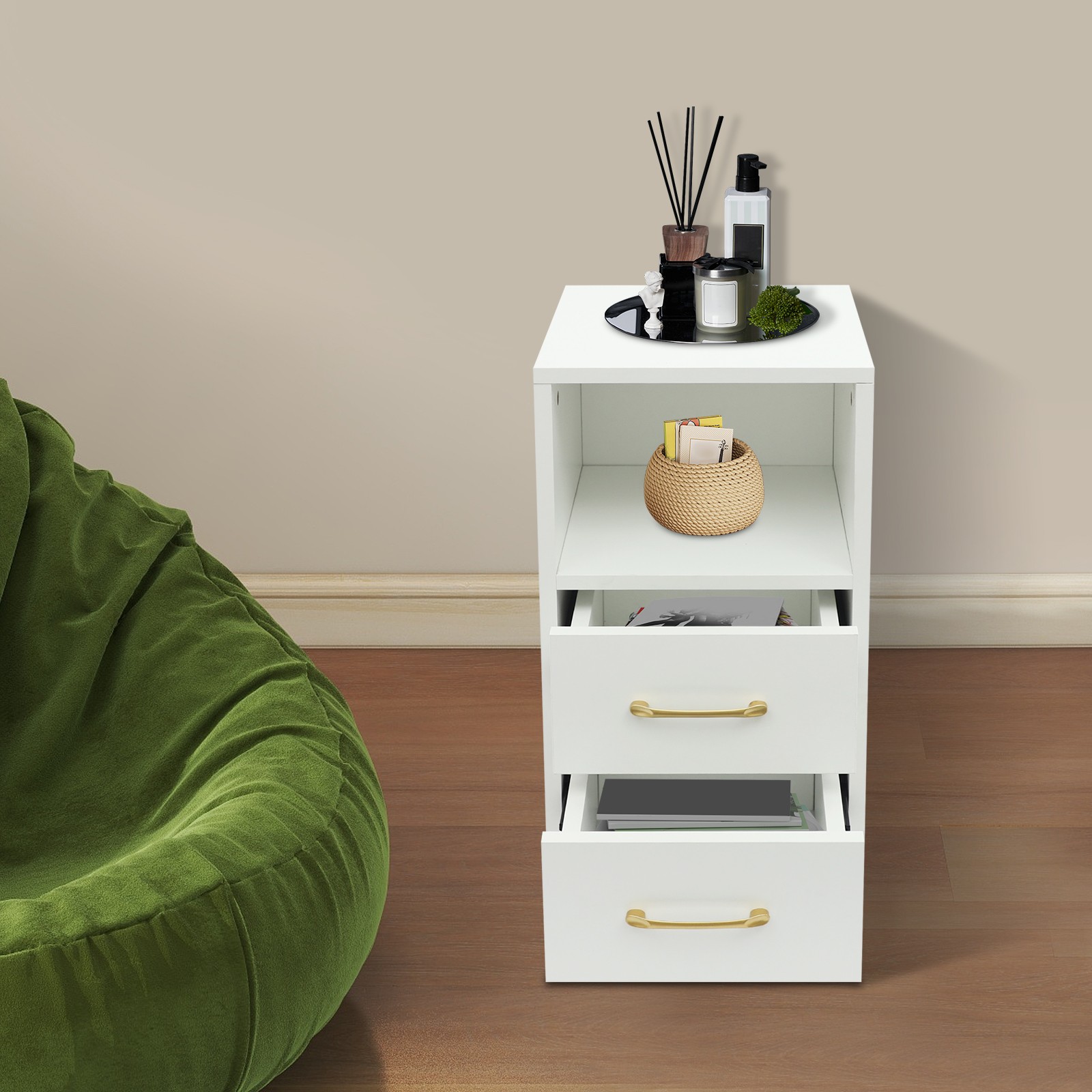 3-Tier End Table Sofa Side End Storage Shelf White Movable Storage Cabinet
