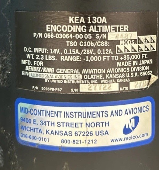 Bendix King KEA 130A Encoding Altimeter - PN 066-03064-0005 - Tested Working