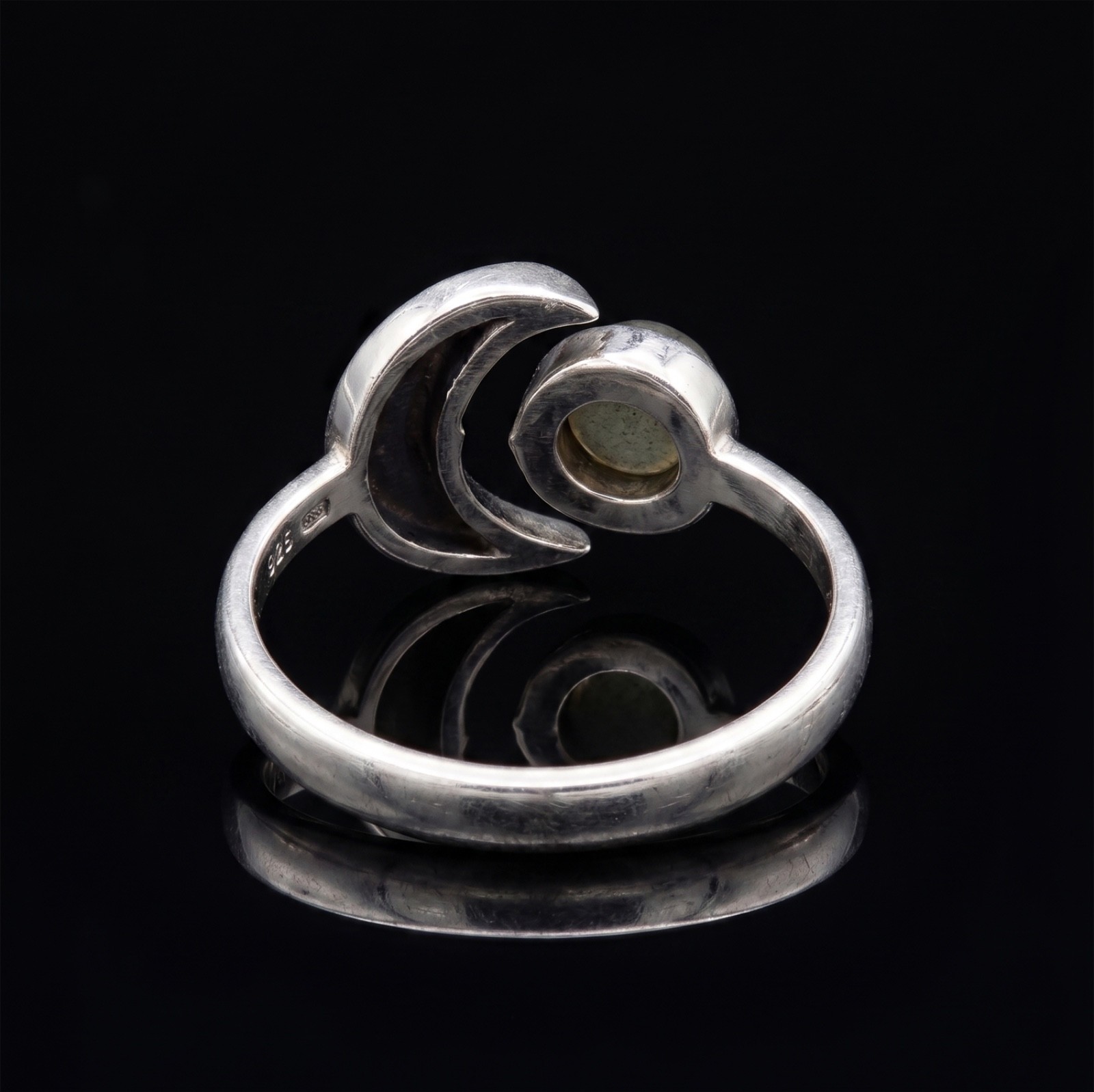 Sterling Silver Labradorite Moon Ring - Boho Celestial Crescent Bypass Ring