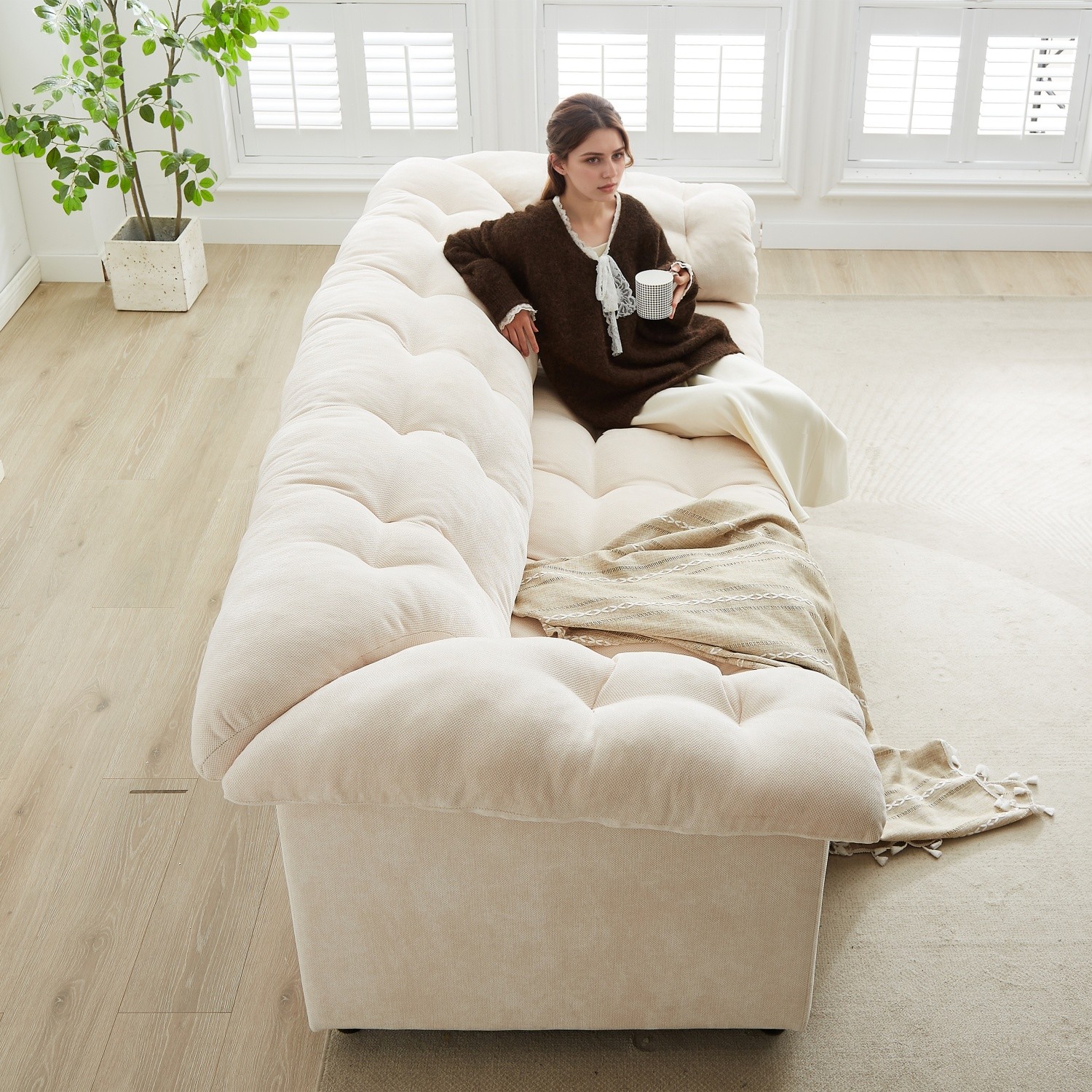 Modern Chenille Deep Seat Sofa 3 Seater Luxury Upholstered Couch with Armrests