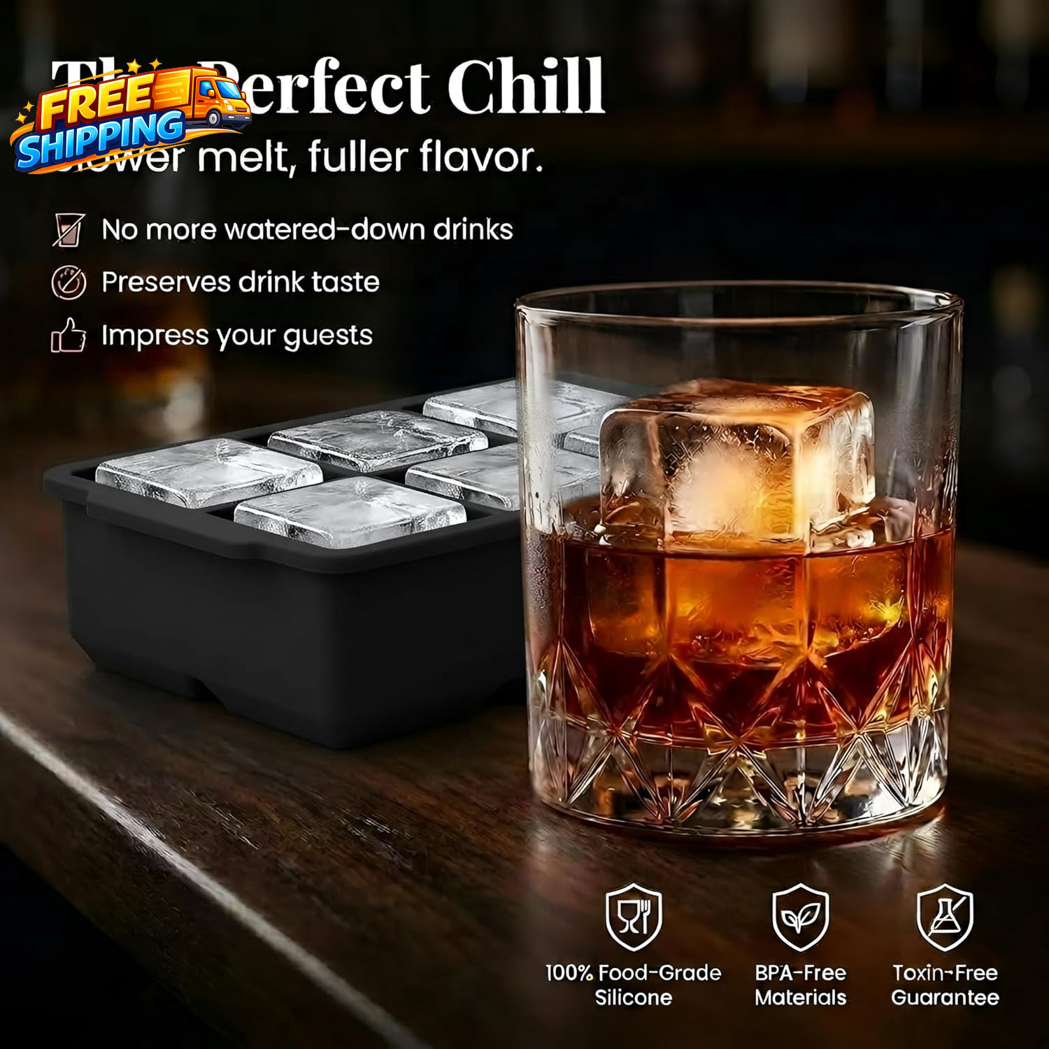 Large Silicone Ice Cube Tray (2-Pack), Easy Release 2" Big Ice Cubes - Cocktail,
