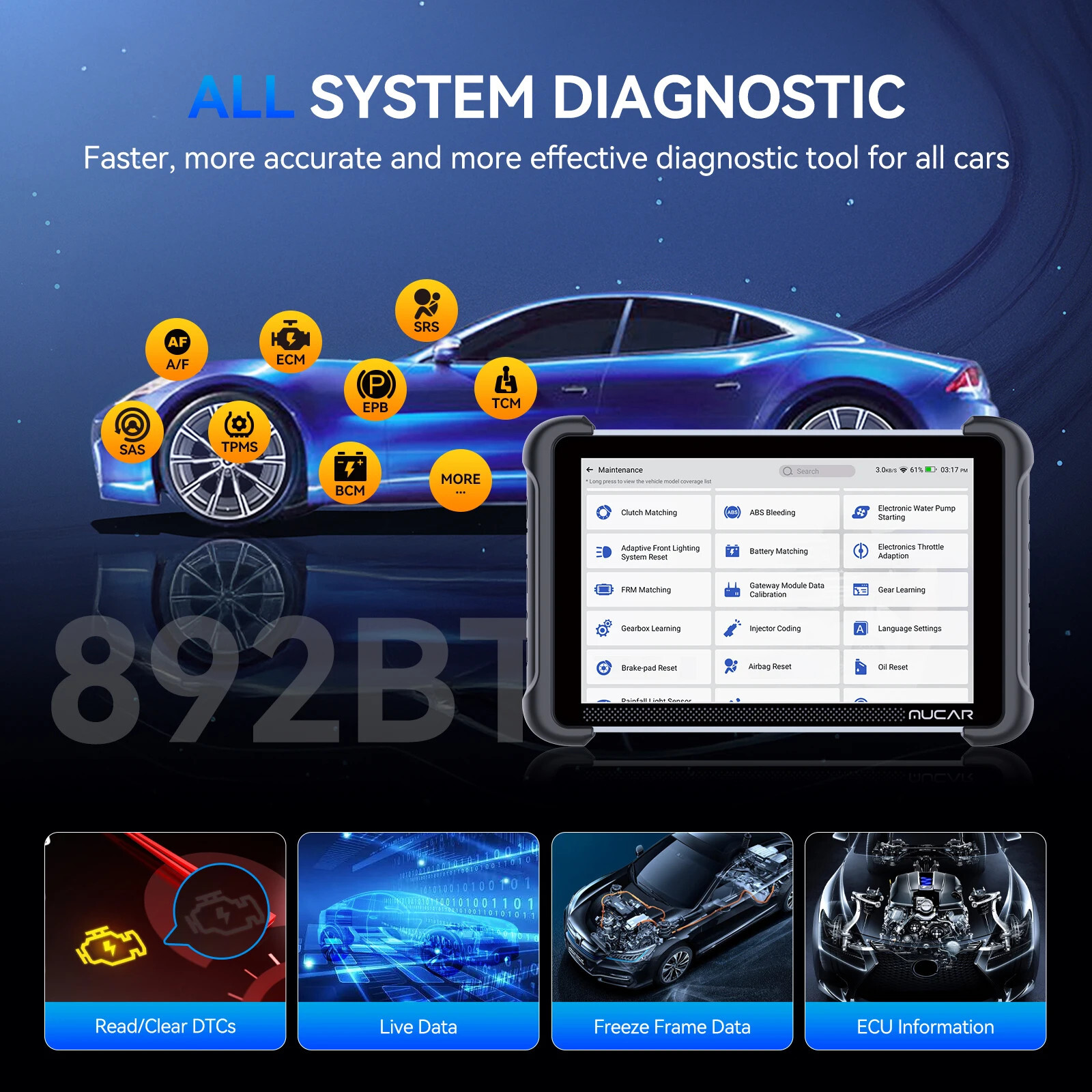 MUCAR 892BT AI Car Diagnostic OBD2 Scanner 35+service Bluetooth E-CU Coding