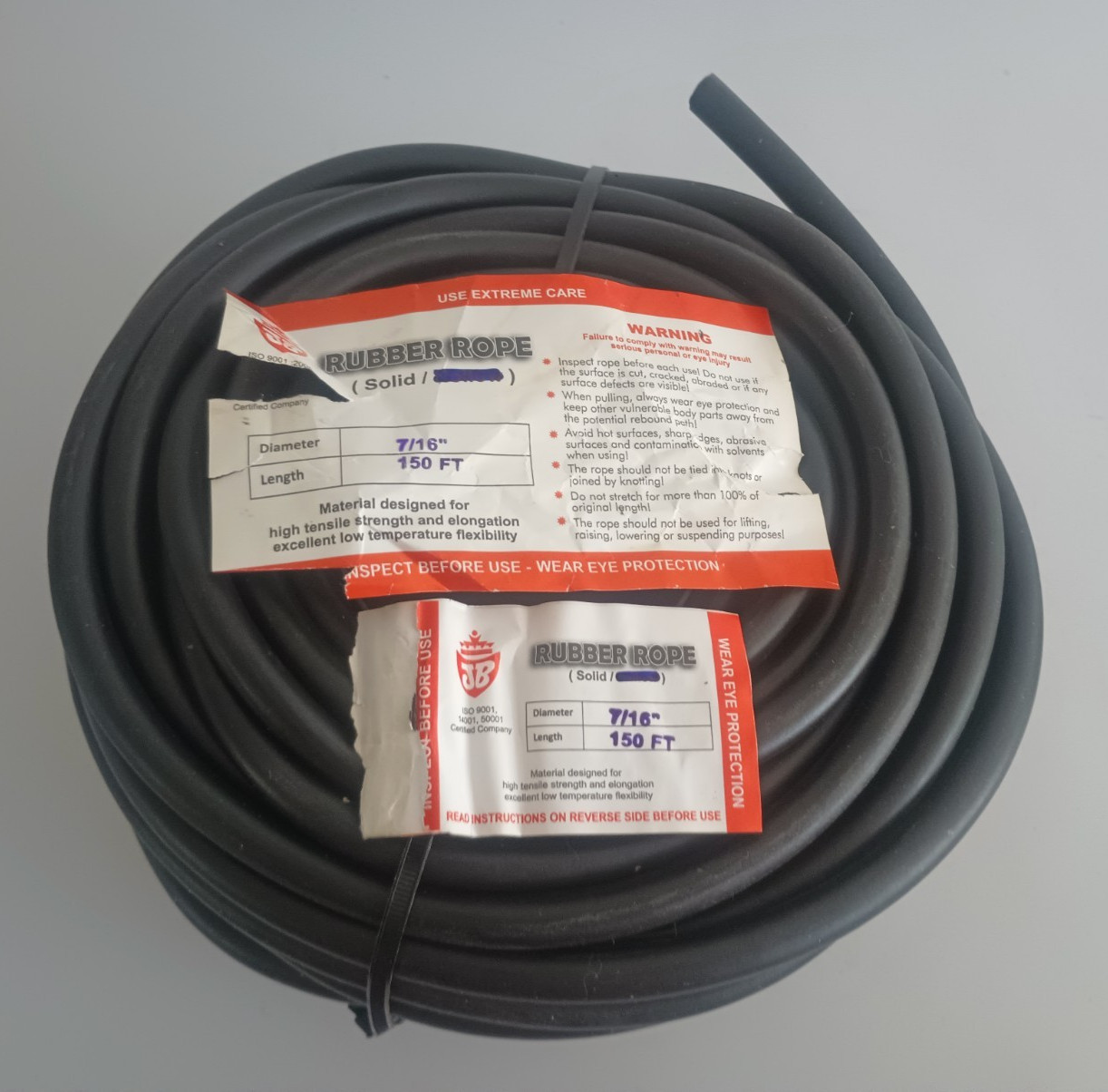 Rubber Rope 7/16" x 150' Solid Core Flatbed Truck Trailer Tarp Tie Down Strap