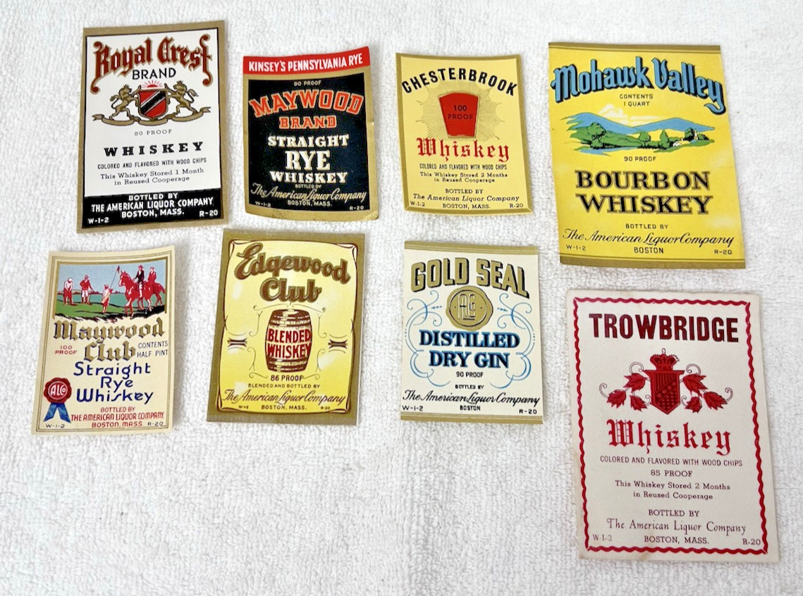 Lot of 8 Antique Whiskey Rye Gin Labels Maywood Club Gold Seal Mohawk Valley