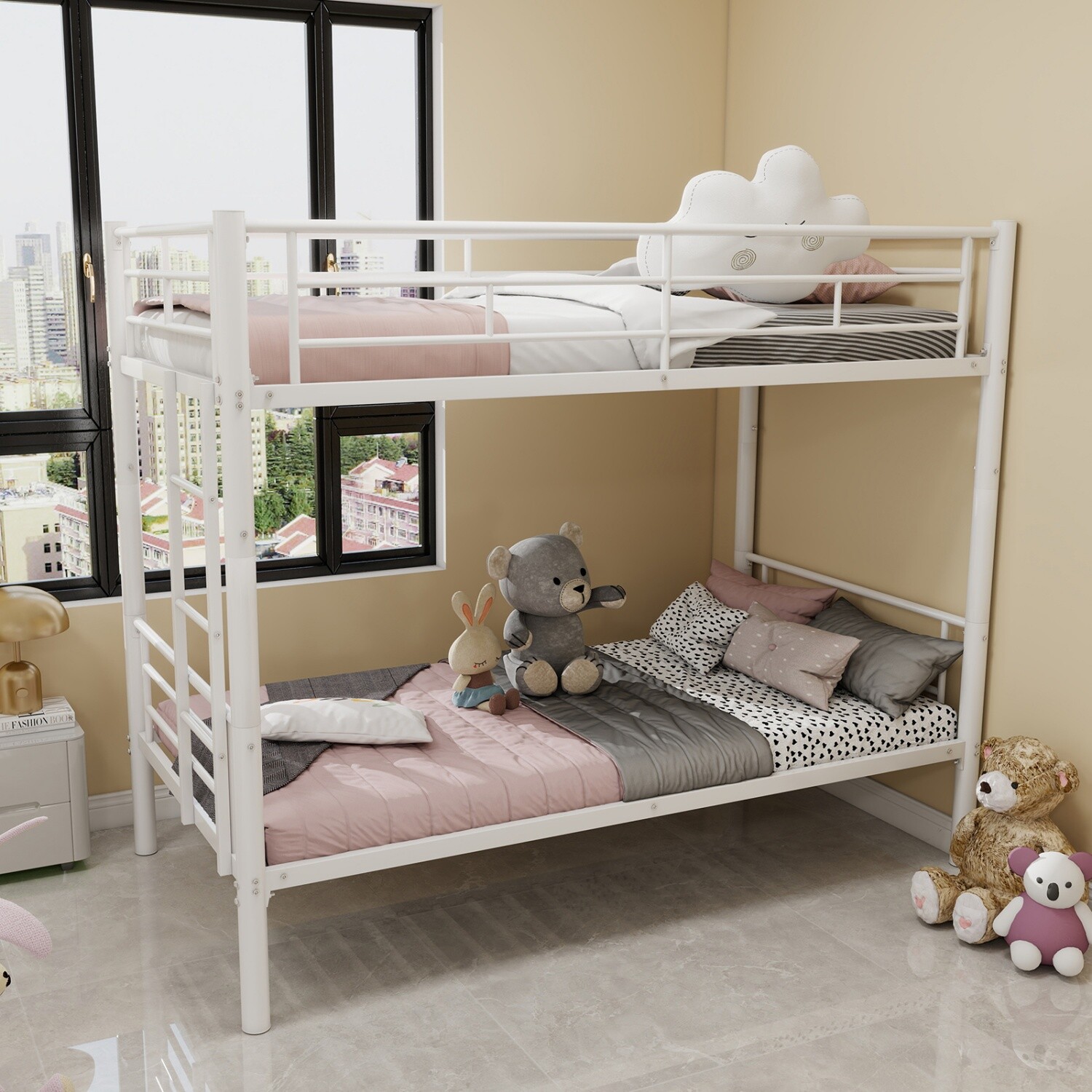 Twin Over Twin Metal Bunk Bed Convertible Twin Bed Frame White/Silver/Black