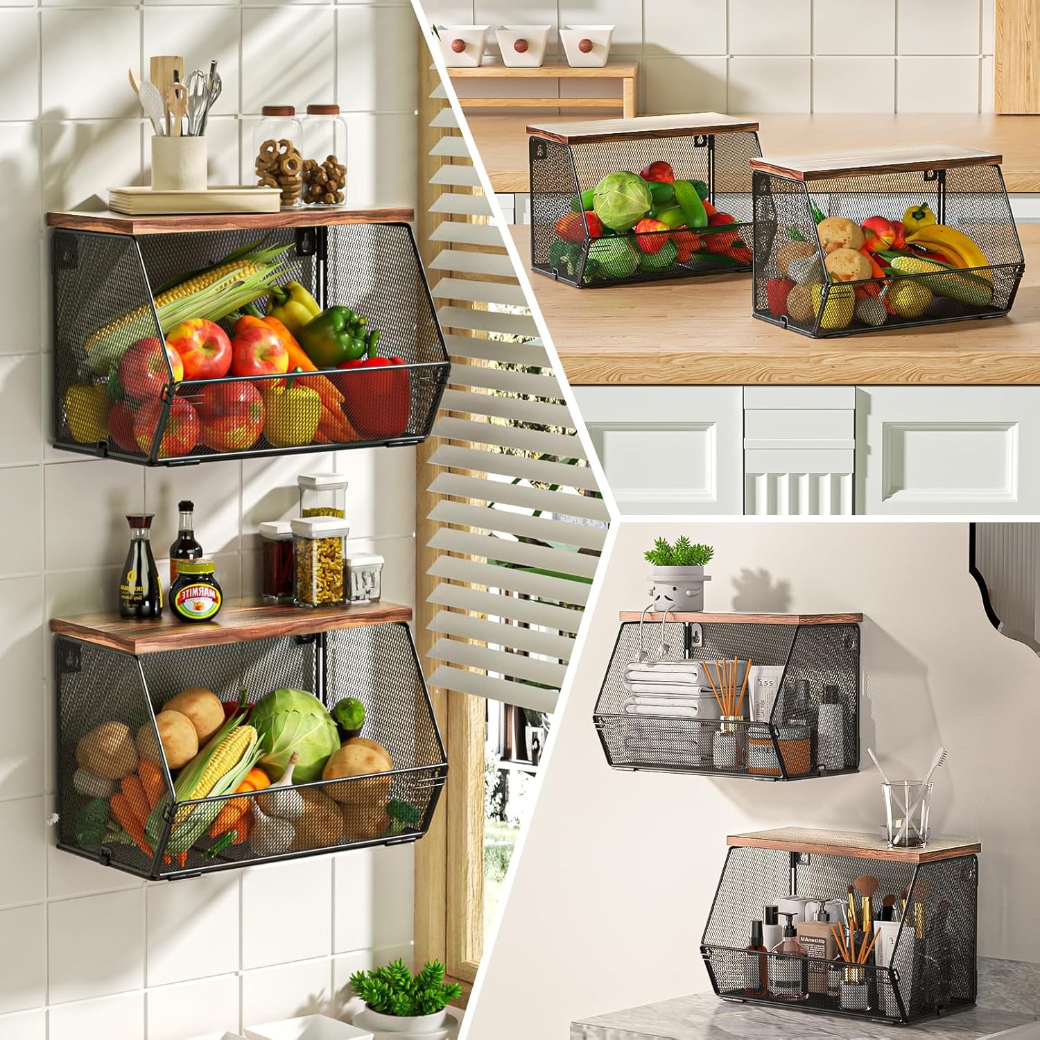 Stackable Fruit Basket for Kitchen Countertop Space Saving, Wall Mounted Mesh