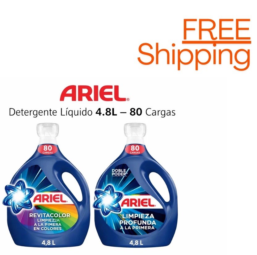 Ariel Detergente Líquido 4.8L (80 Cargas) RevitaColor o Limpieza Profunda