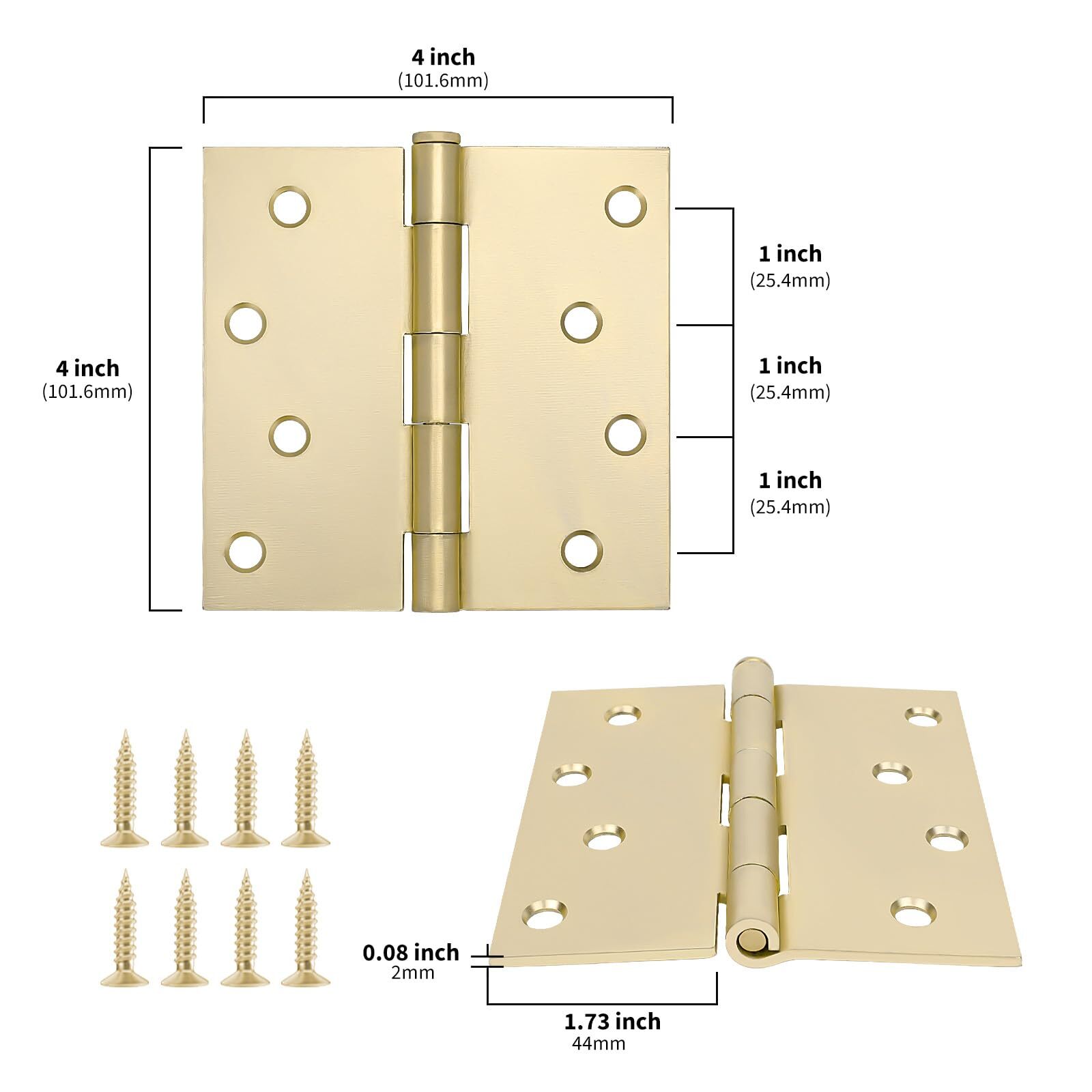 3 Pack 4" Brushed Brass Gold Door Hinges Square Corners Interior Door Hardware