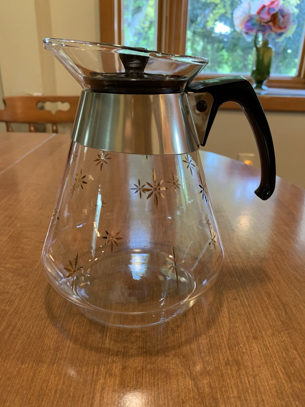 Pyrex Vintage Atomic Starburst MCM Coffee Carafe With Metal Band & Lid