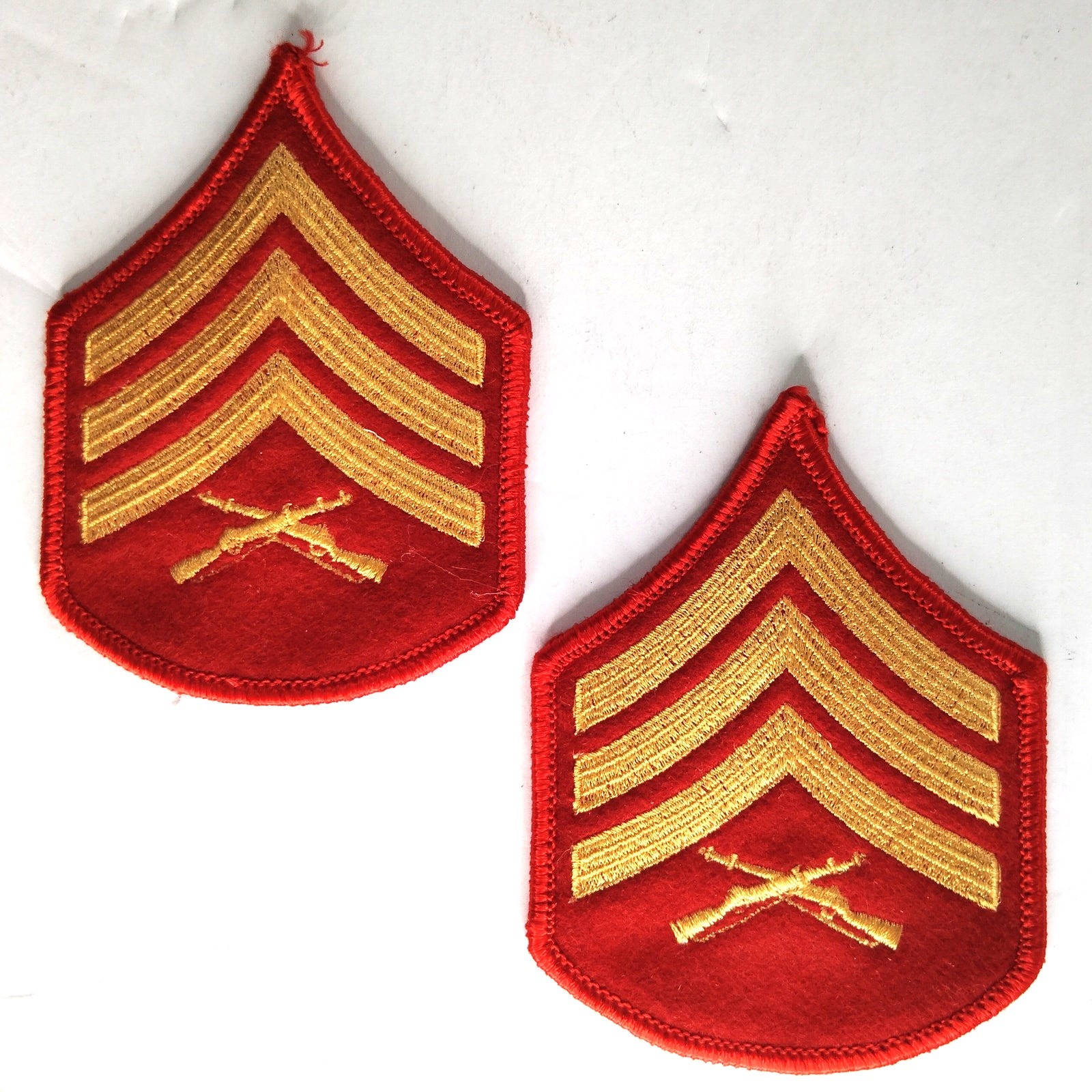 USMC Sergeant E‑5 Chevrons Pair Gold on Red Female 3‑1/2" × 2‑3/4" Sew‑On