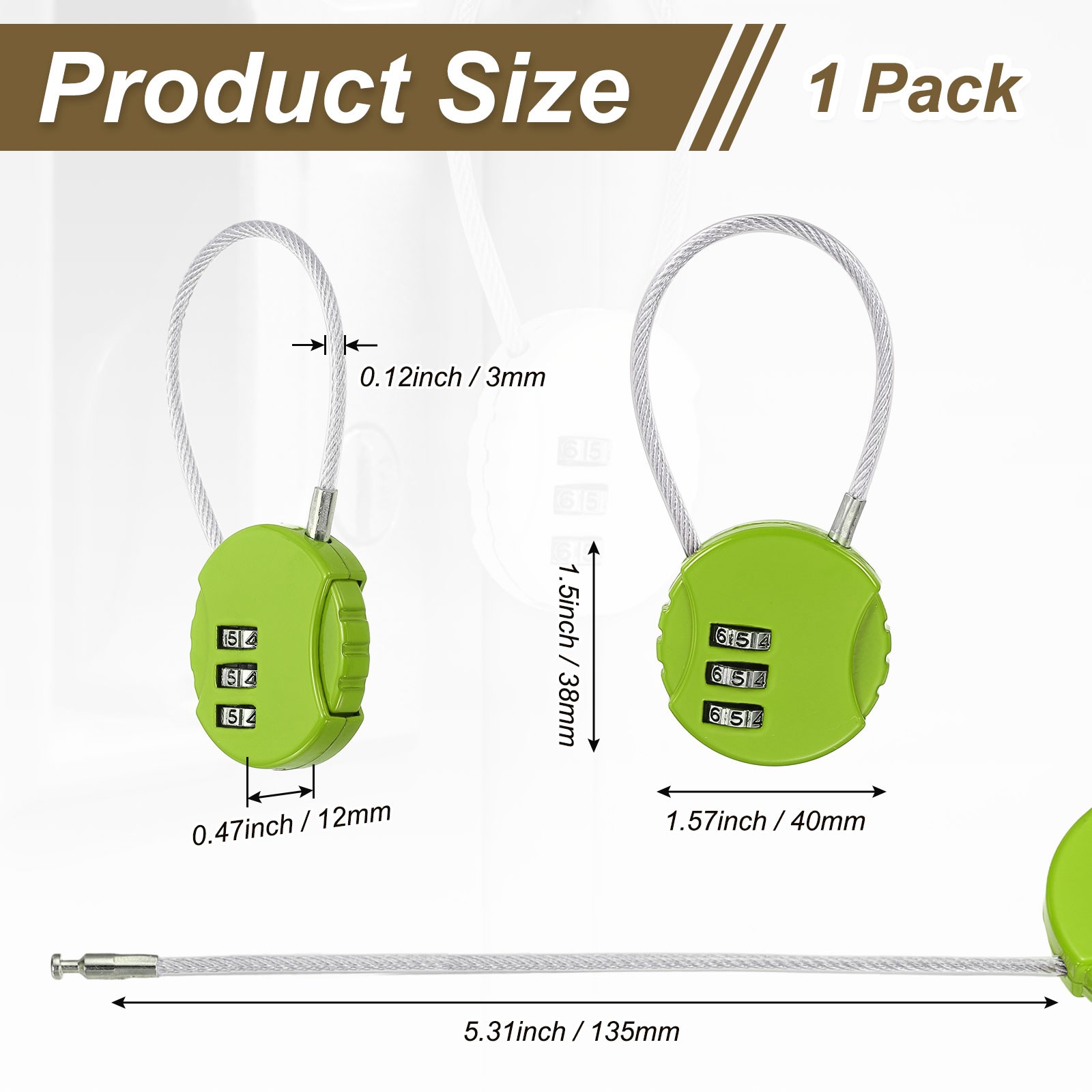 1-Pack Combination Padlock, 3 Digit Round Shaped Cable Luggage Lock [Green]