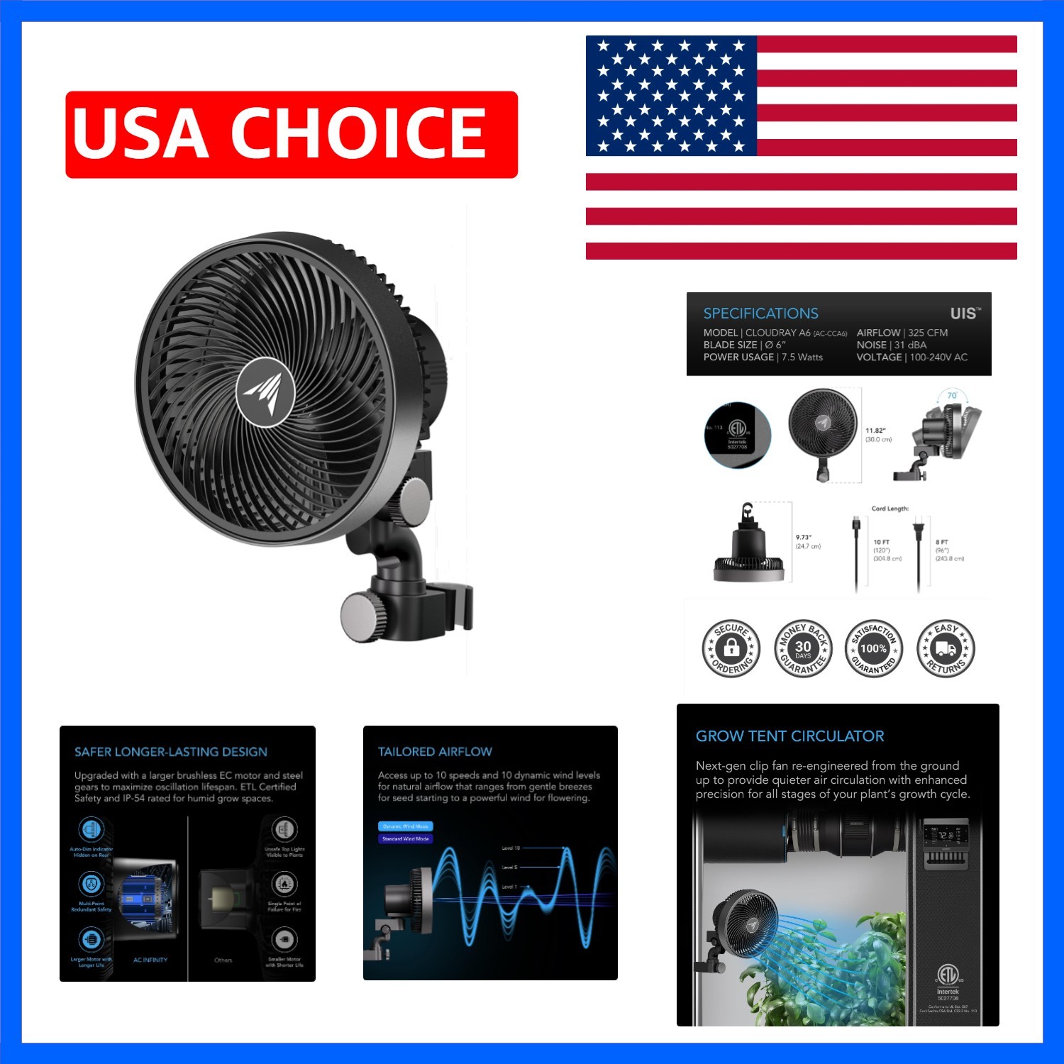 CLOUDRAY A6, Grow Tent Clip Fan 6” with Redesigned Long-Life EC Motor, Custom...