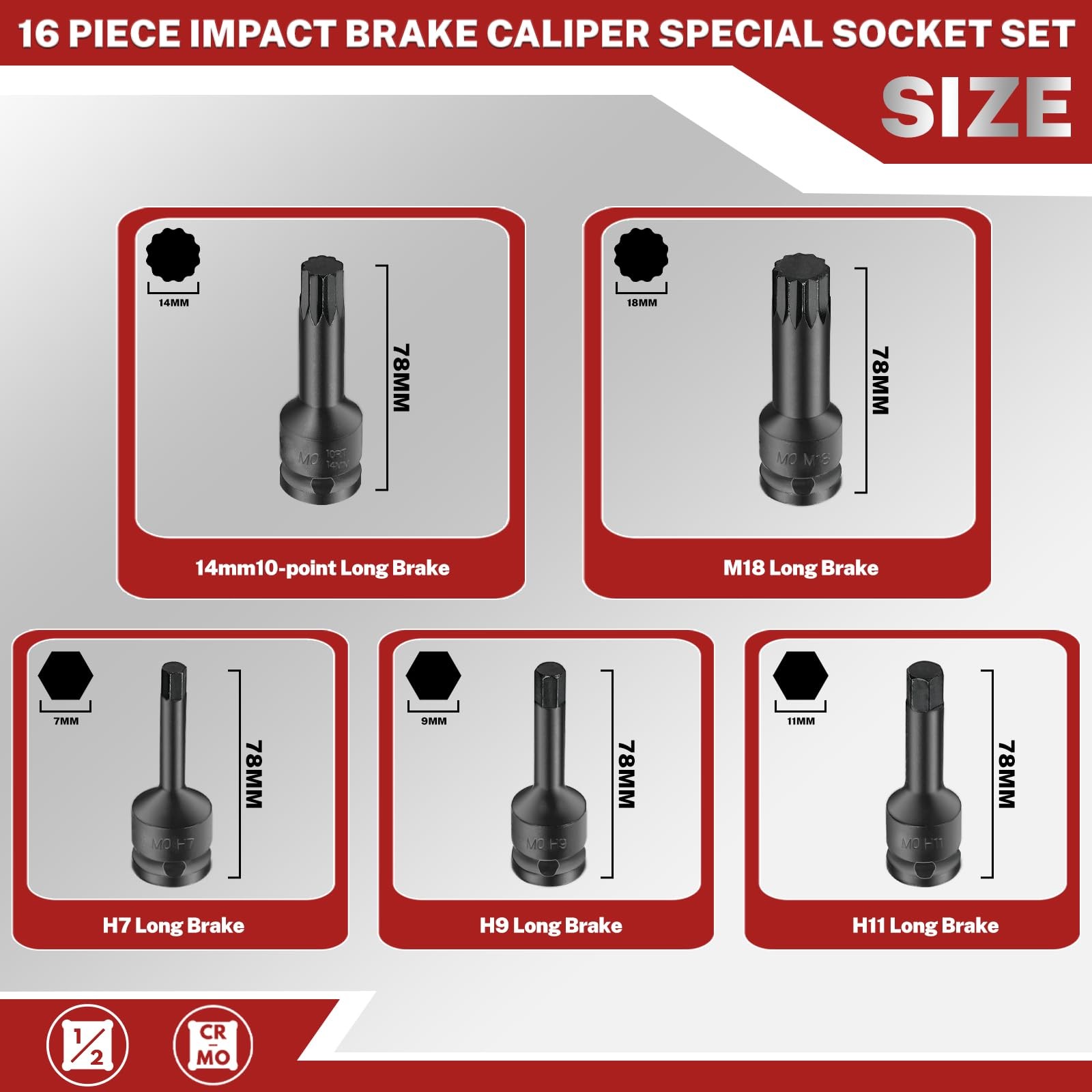 BILITOOLS 16 PCS Impact Brake Caliper Socket Set, 1/2" One Size, Black