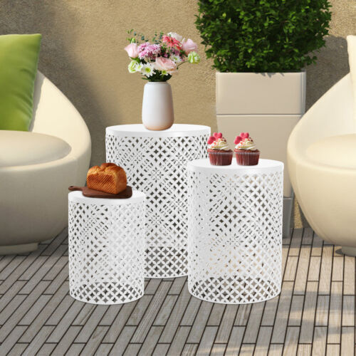 3pcs White Metal Frame Accent Table Modern Iron End Table Outdoor Side Table US