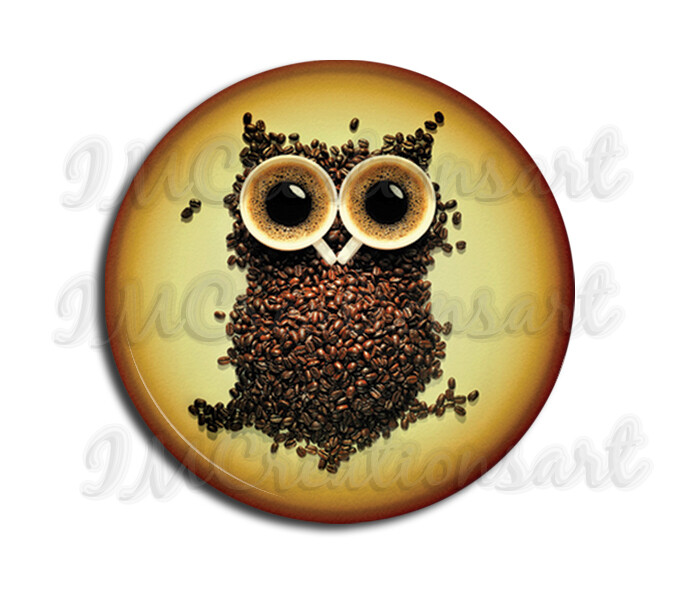 Lovely Caffeine Coffee Lovers Owl Beans Handpress Mirror, Magnet or Pin 2.25"